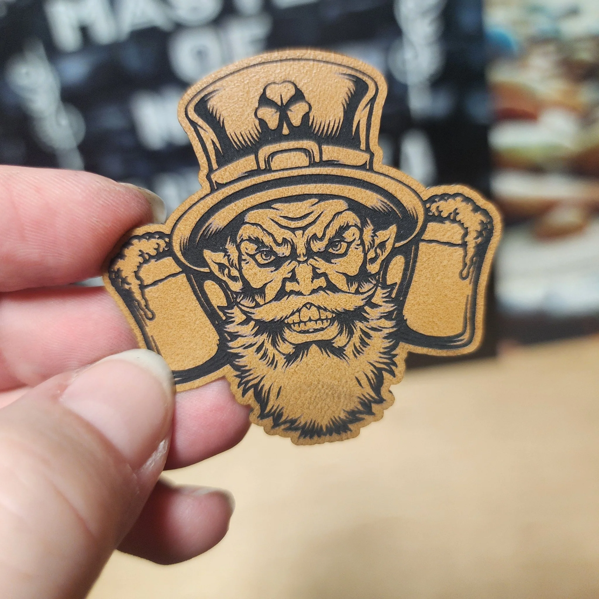 Angry Leprechaun with Beer Engraved Leatherette Hat Patch - MR01
