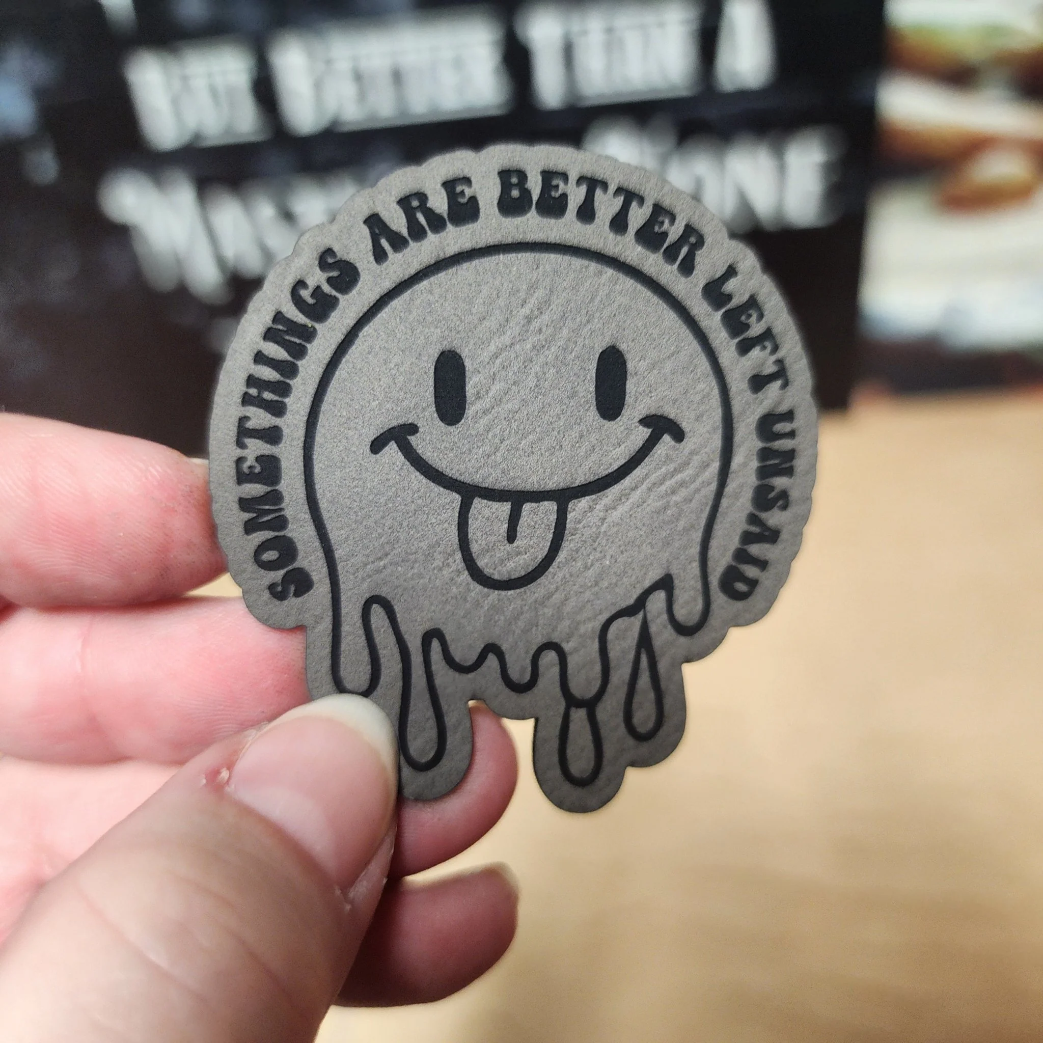 Better Left Unsaid Smiley (Grey) Engraved Leatherette Hat Patch - MR01