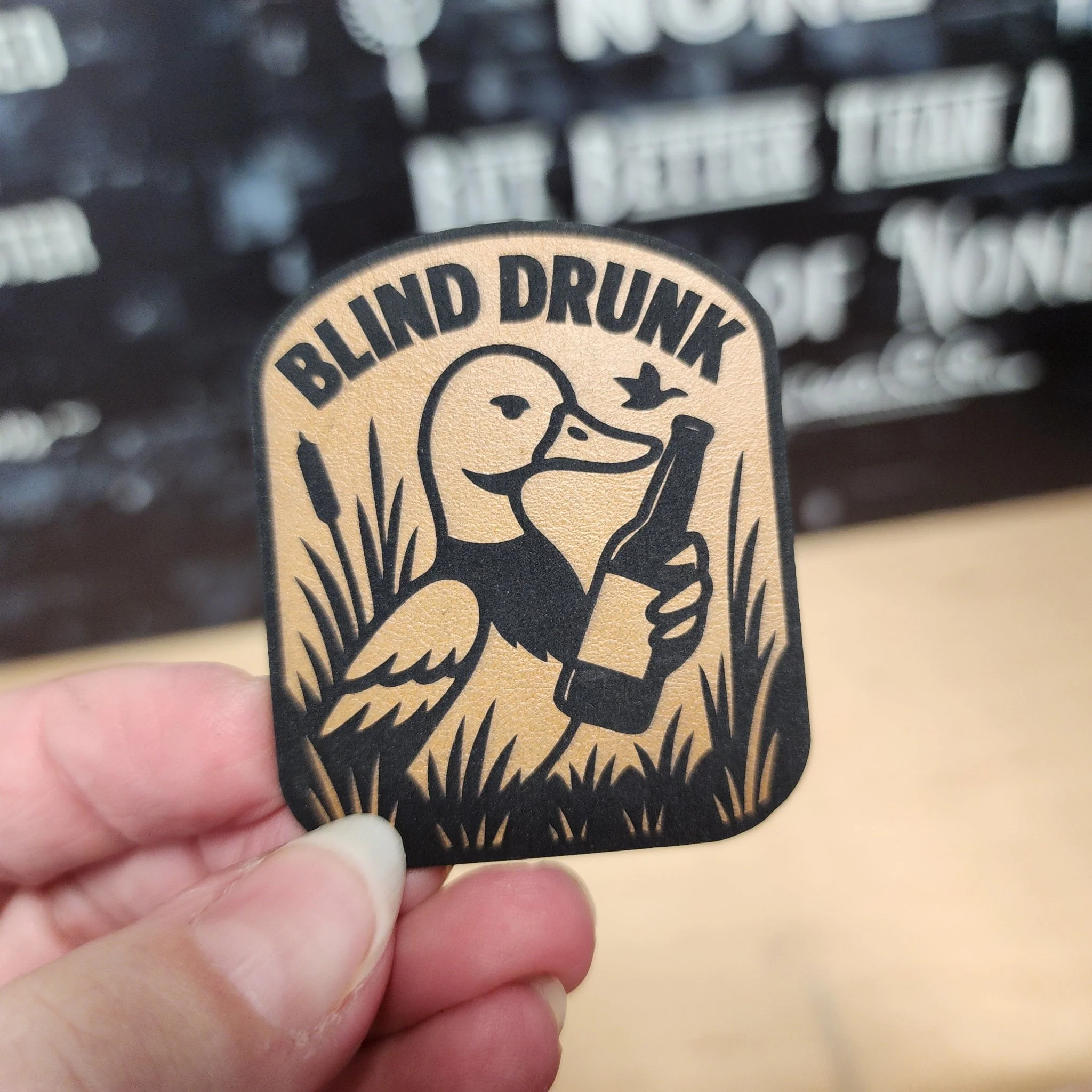 Blind Drunk Duck (Saddle Tan) Engraved Leatherette Hat Patch - MR01