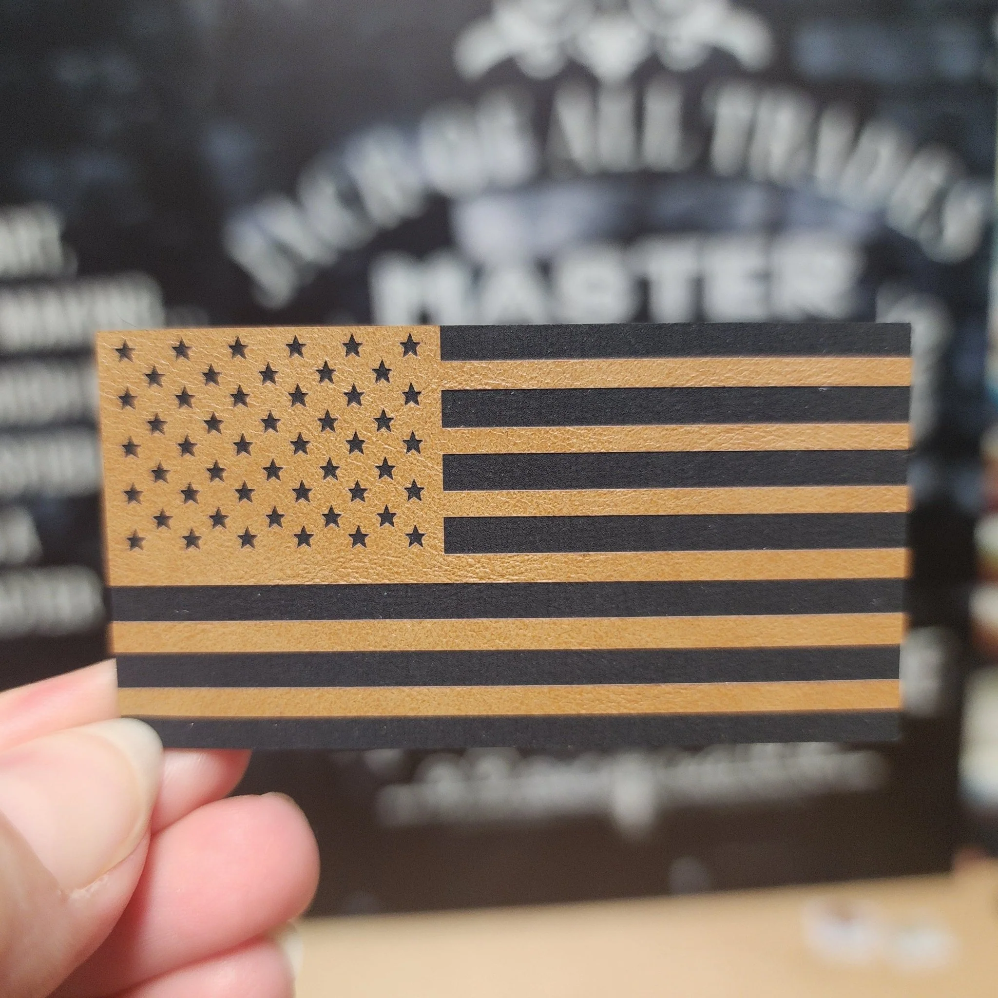 Bold American Flag (Saddle Tan) Engraved Leatherette Hat Patch - MR01