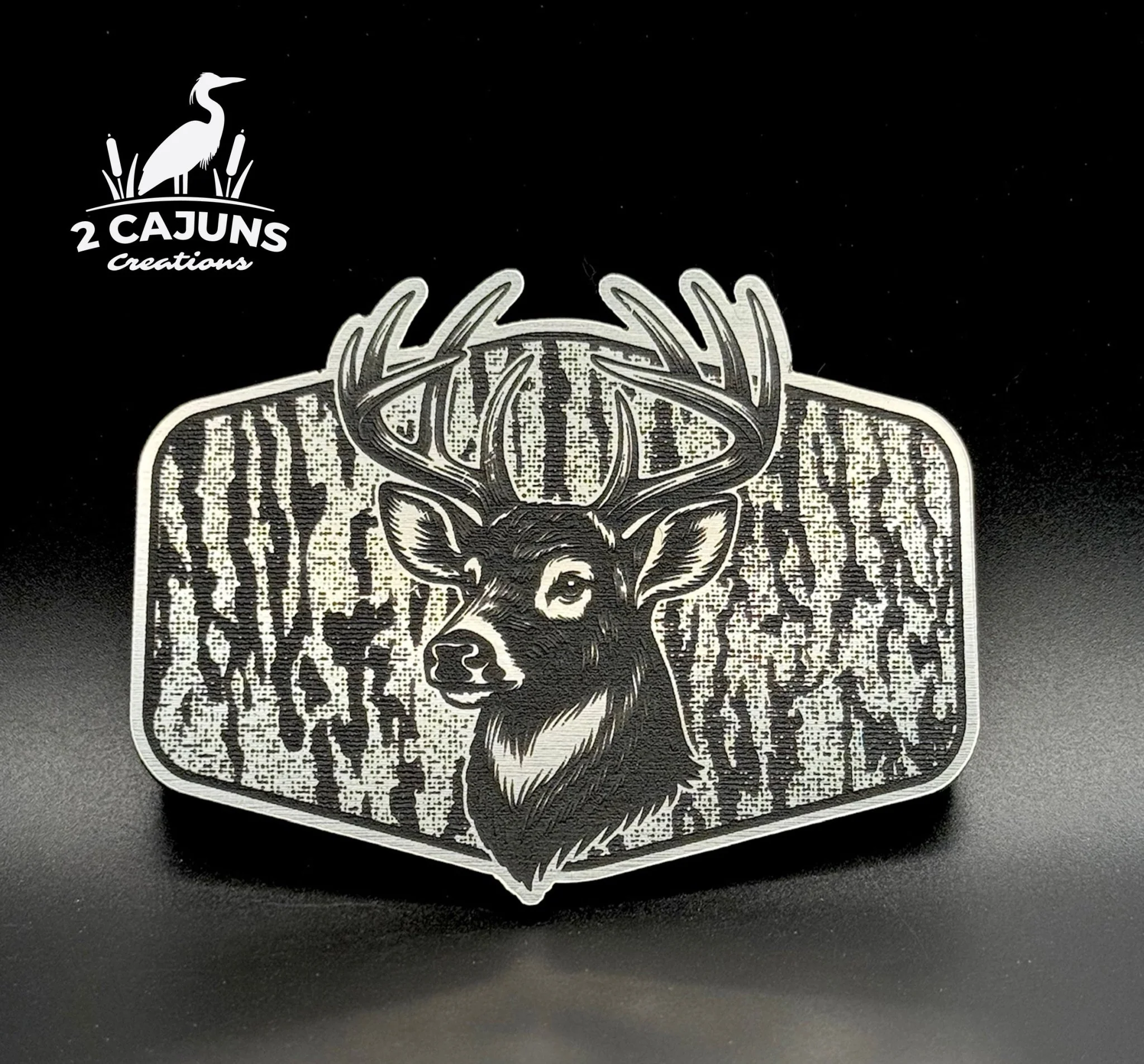 Buck Deer on Tree Bark Design Dual Layer Stainless Black Acrylic Hat Patch