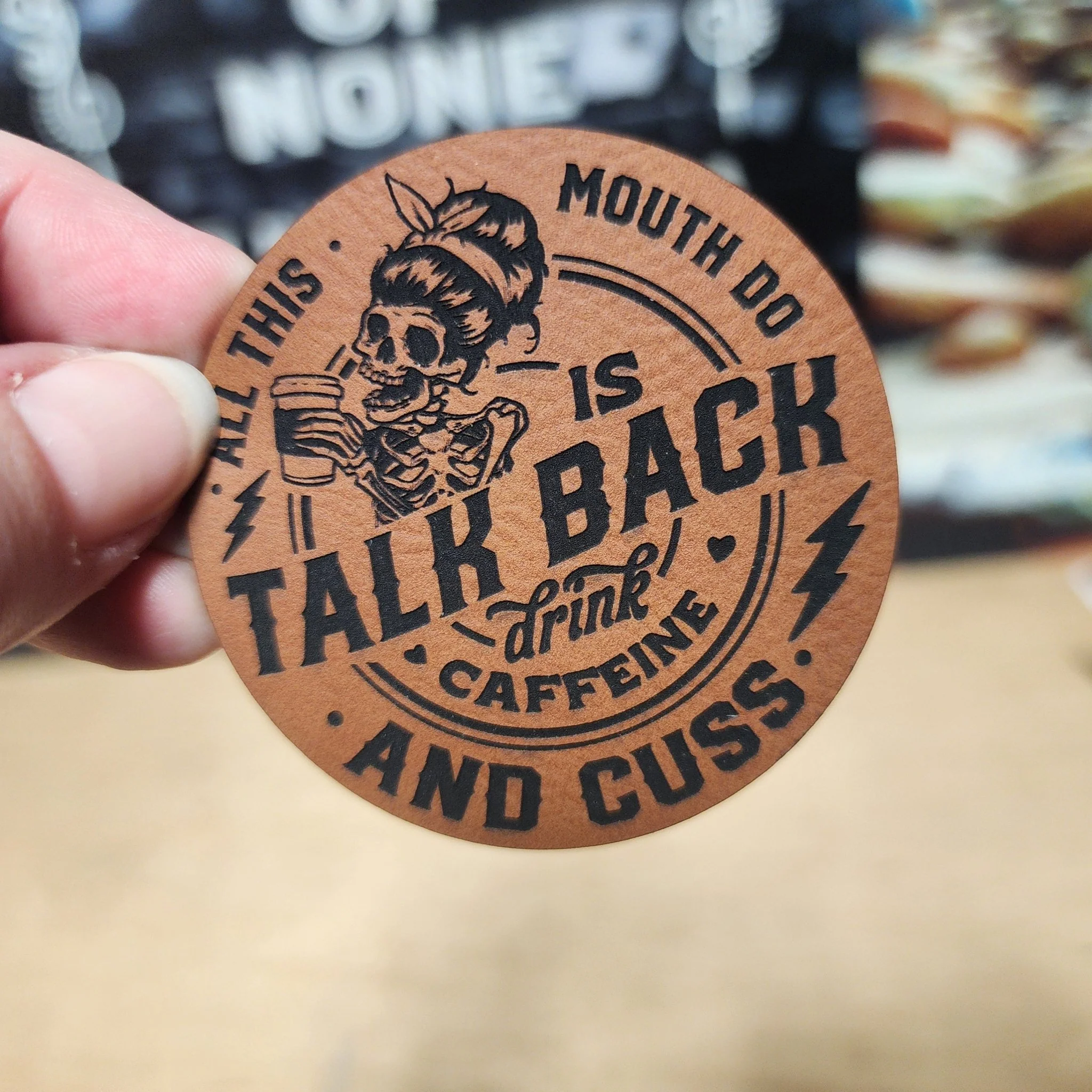 Caffeine Lovers Talk Back (Rawhide) Engraved Leatherette Hat Patch - MR01