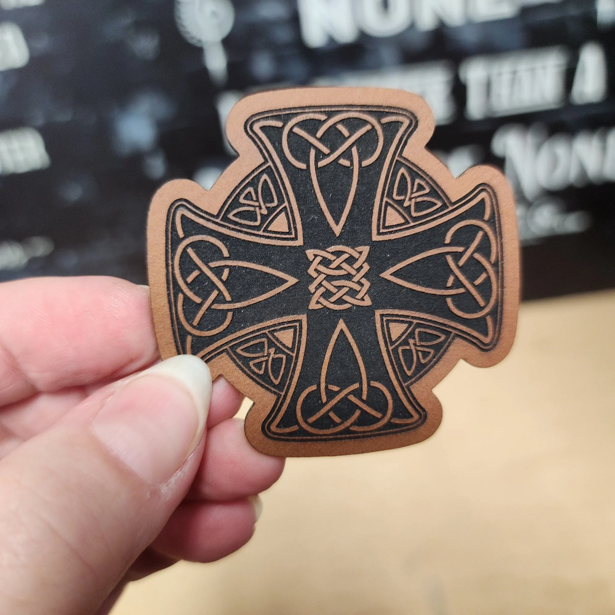 Celtic Cross Intricate (Rawhide) Engraved Leatherette Hat Patch - MR01