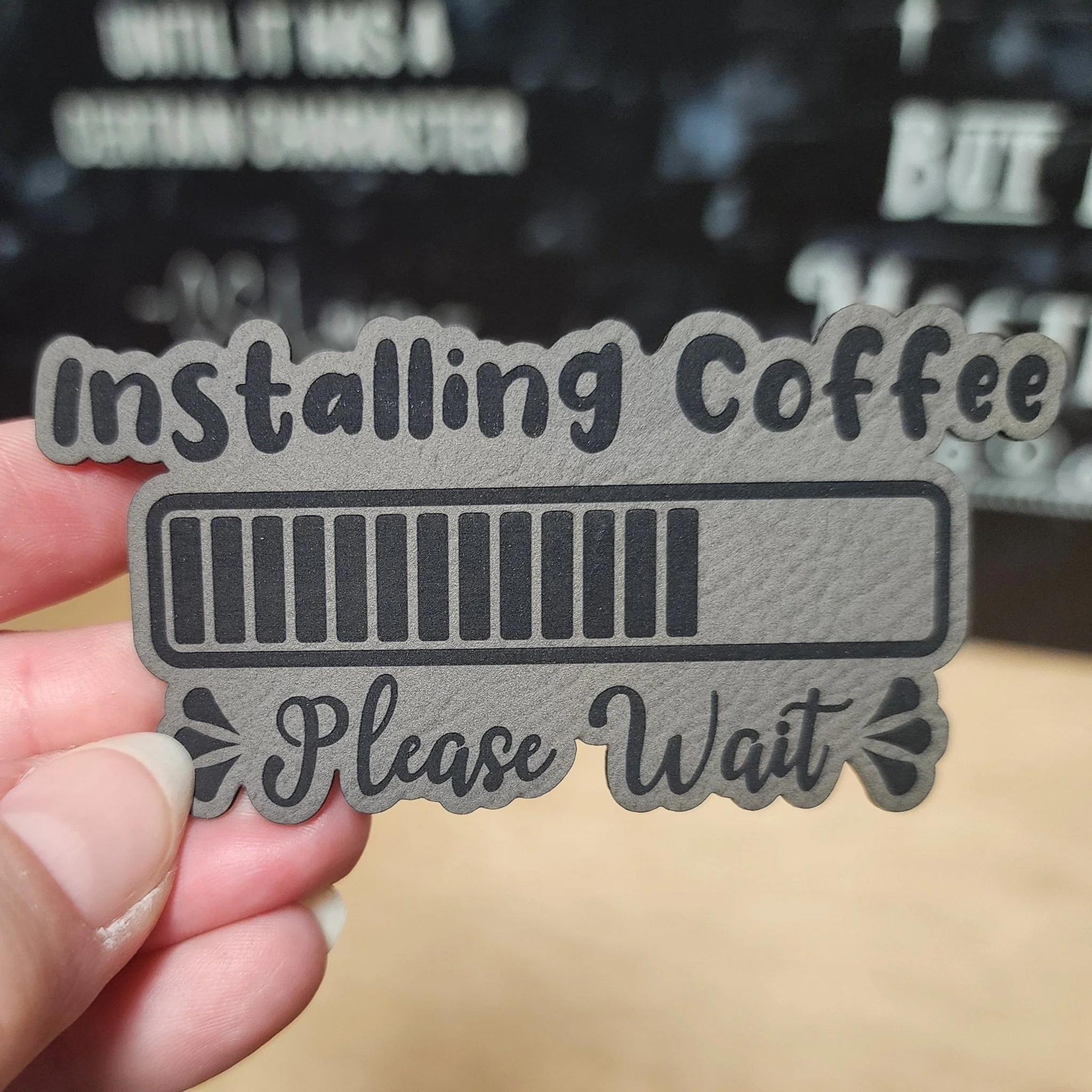 Coffee Installation In Progress (Grey) Engraved Leatherette Hat Patch - MR01