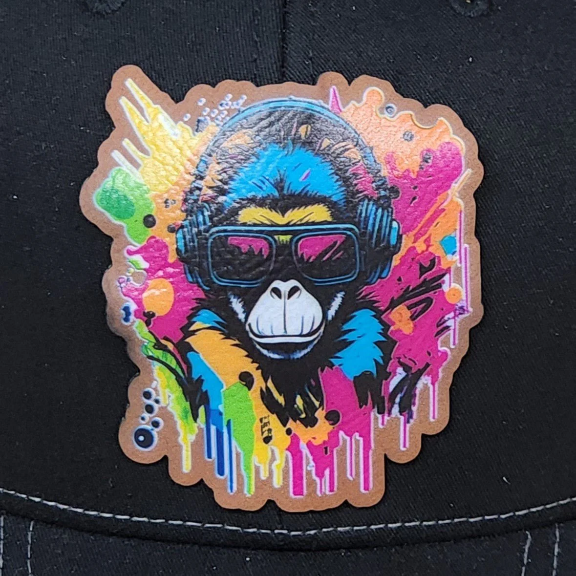 Colorful DJ Monkey Vibes UV Printed Leatherette Hat Patch - MR01