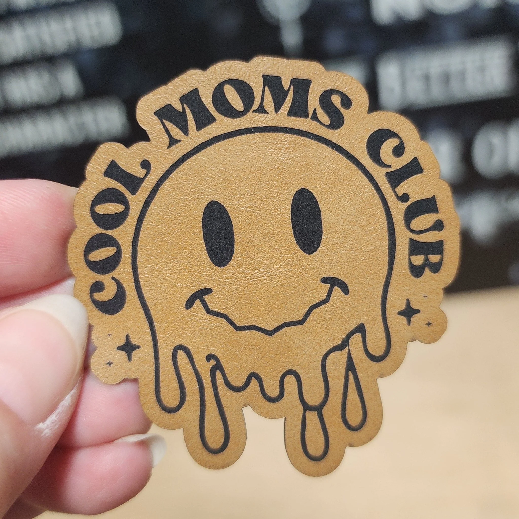 Cool Moms Club (Saddle Tan) Engraved Leatherette Hat Patch - MR01