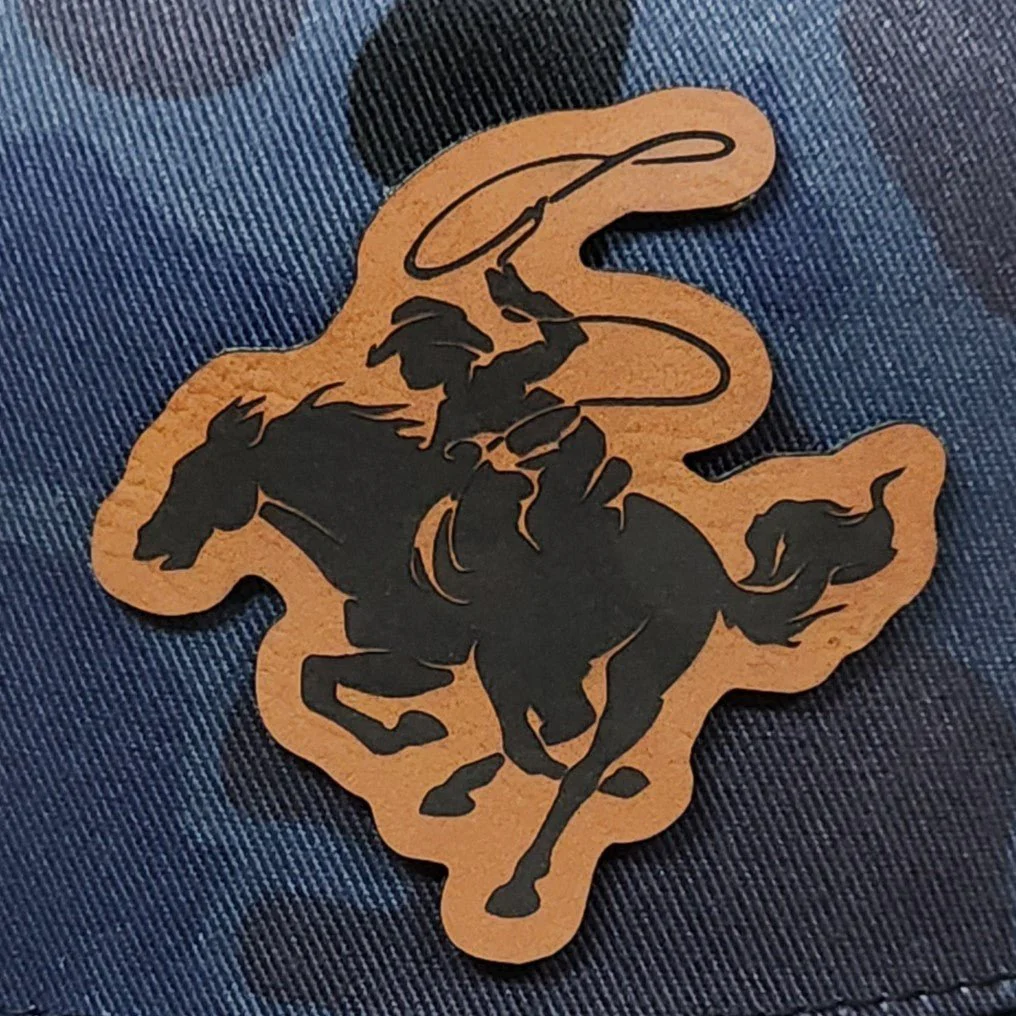 Cowboy Roping a Horse Engraved Leatherette Hat Patch - MR01