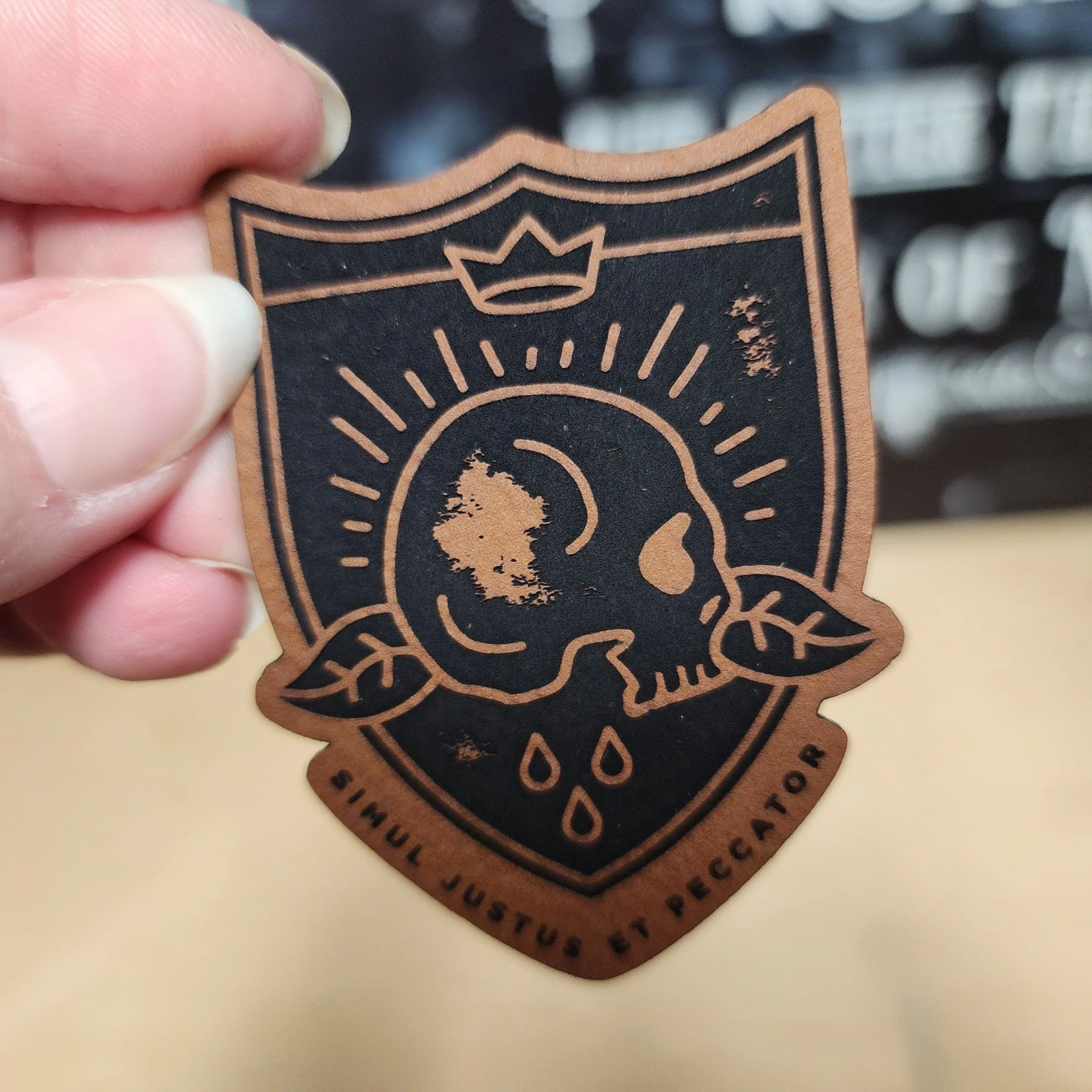 Crowned Skull Badge Engraved Leatherette Hat Patch - MR01