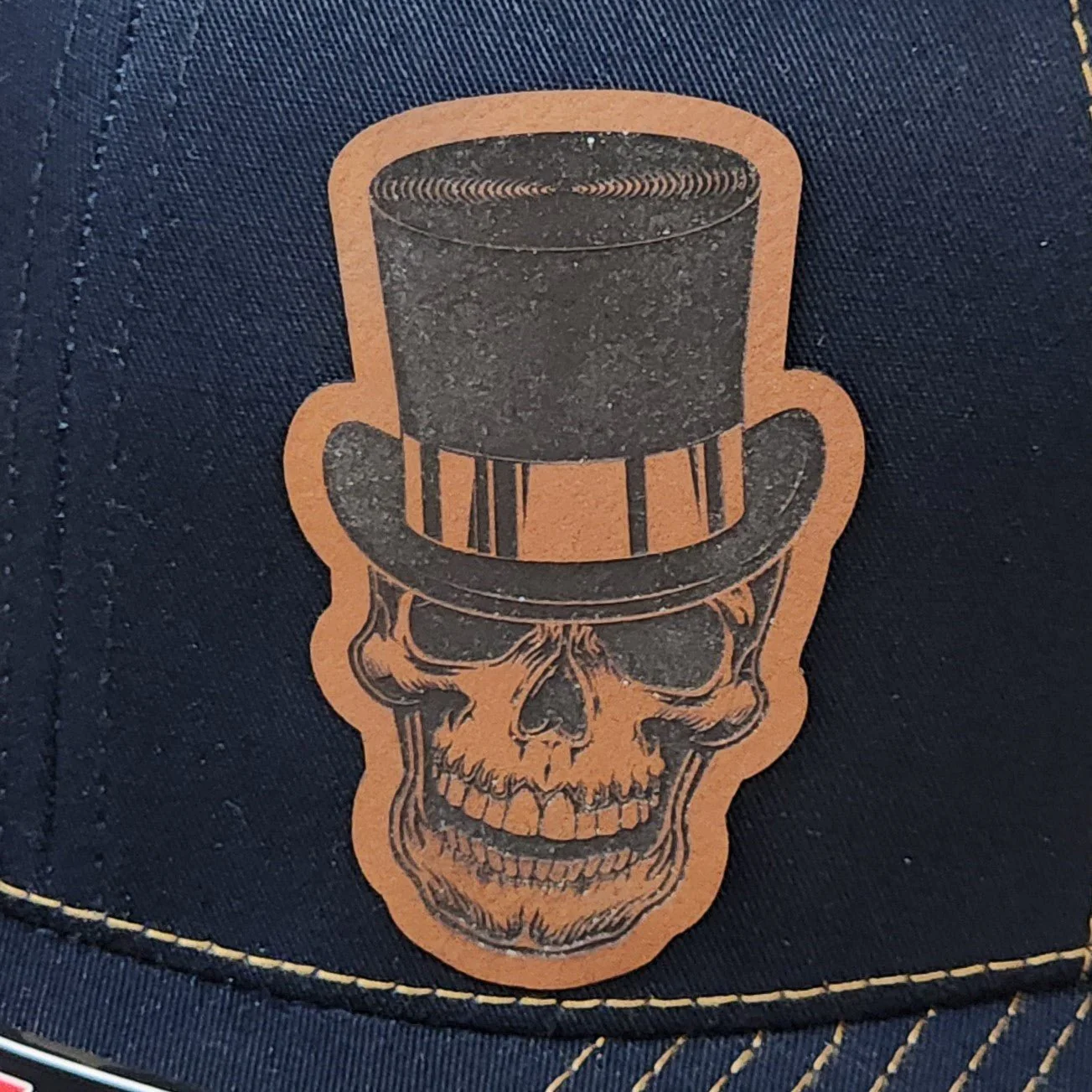 Dapper Skull with Top Hat Engraved Leatherette Hat Patch - MR01