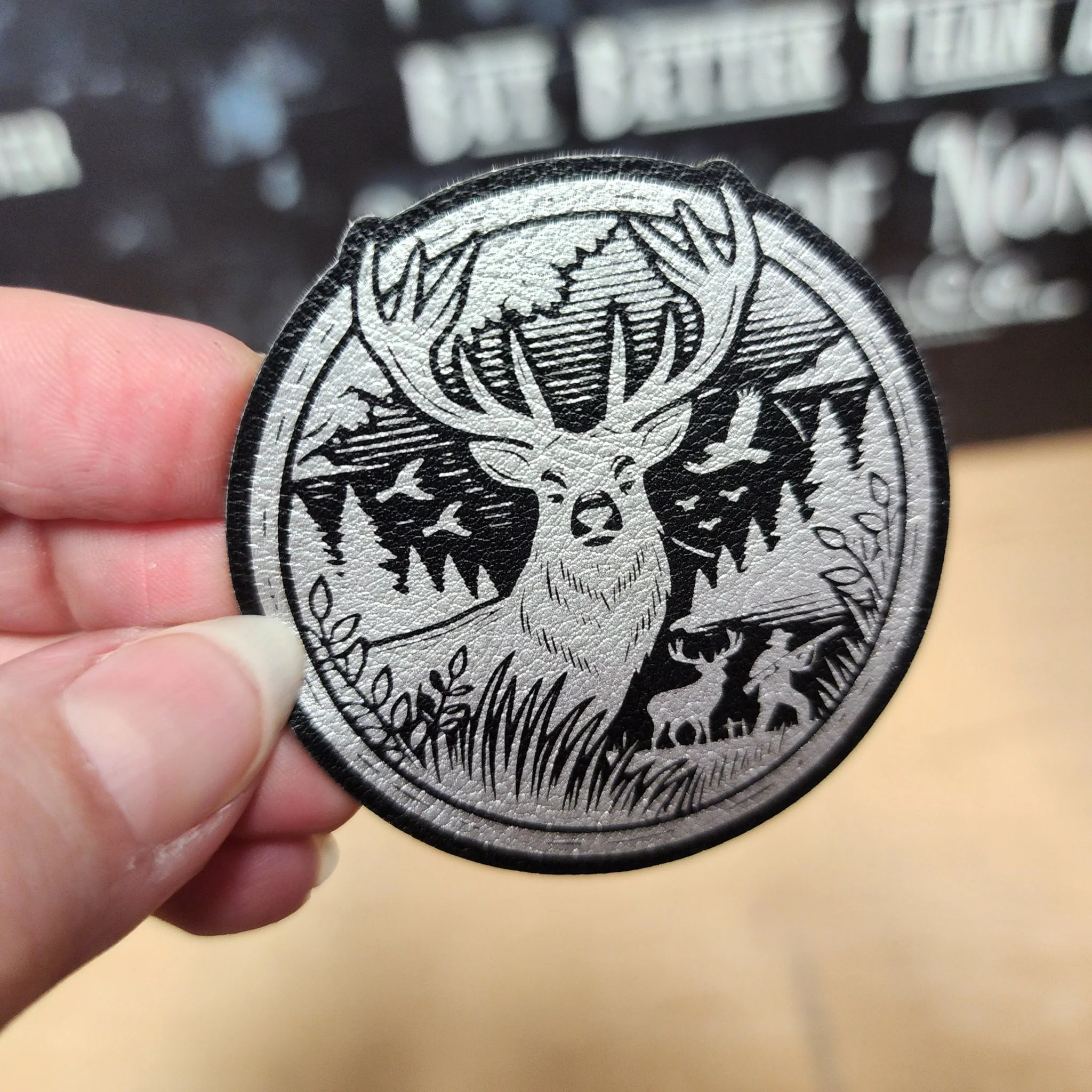 Deer in Wilderness (Black Silver) Engraved Leatherette Hat Patch - MR01
