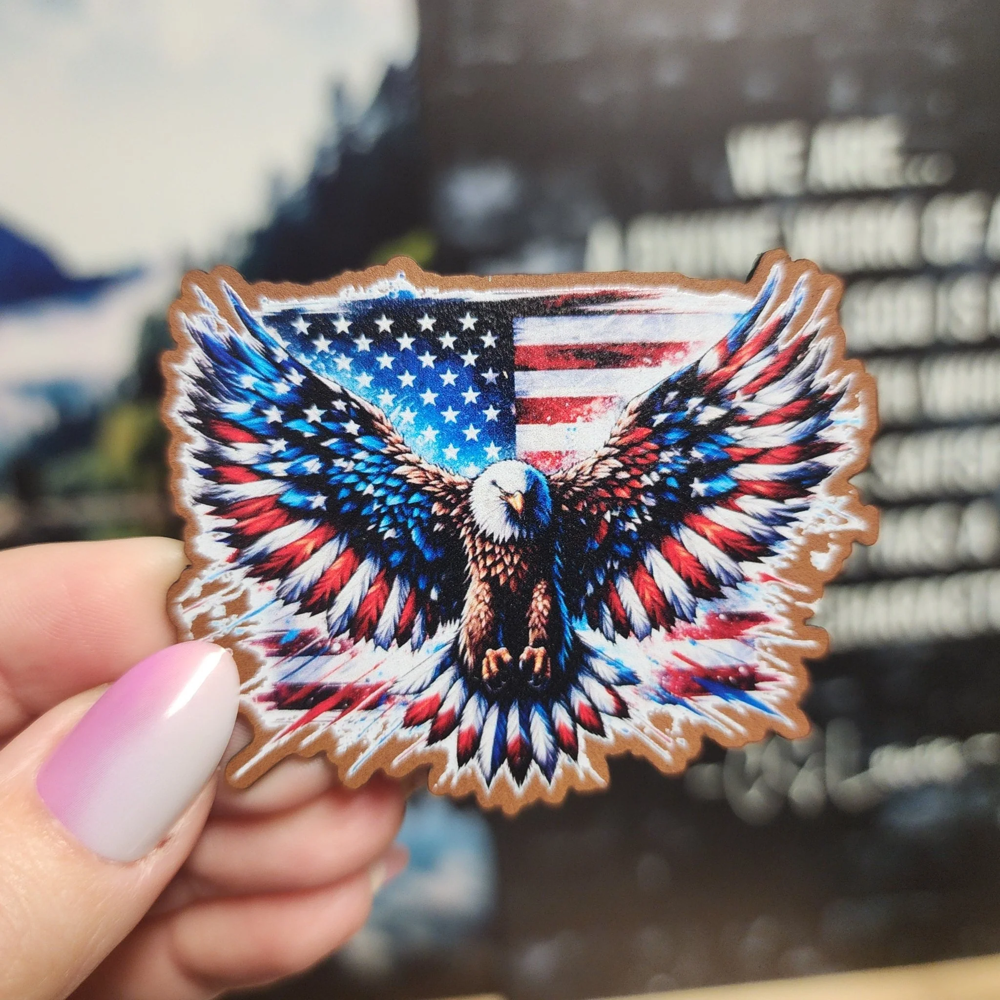 Eagle with American Flag UV Printed Leatherette Hat Patch - MR01