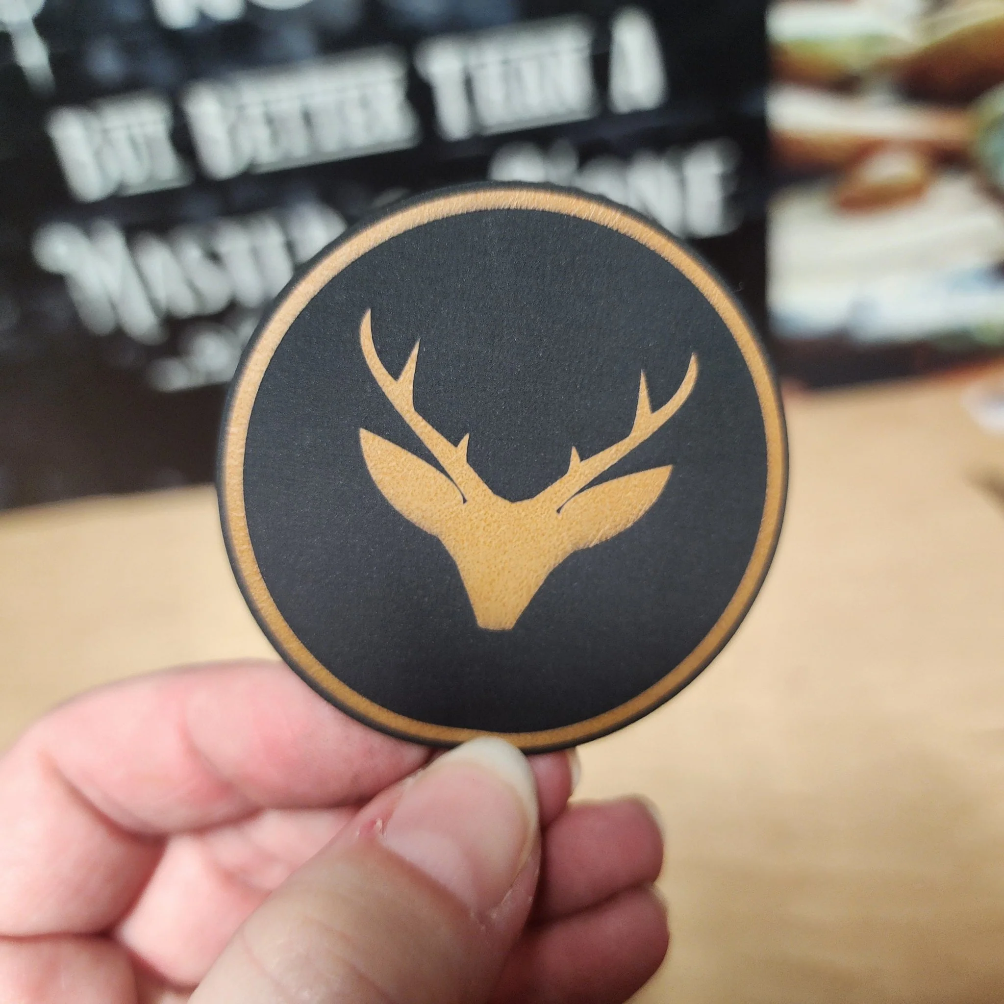Elegant Stag Silhouette (Saddle Tan) Engraved Leatherette Hat Patch - MR01