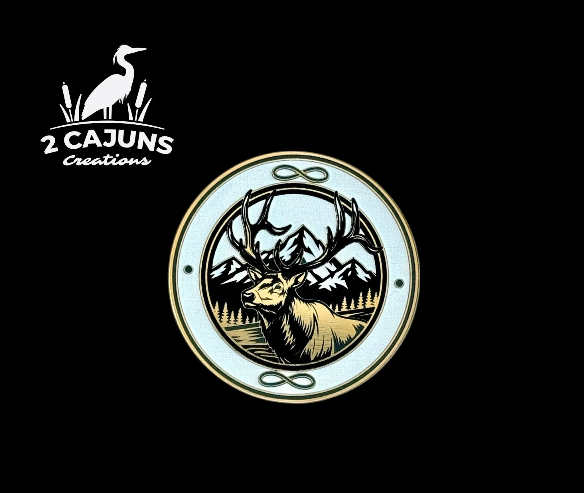 Elk with Mountain Backdrop Gold Black White Acrylic Hat Patch