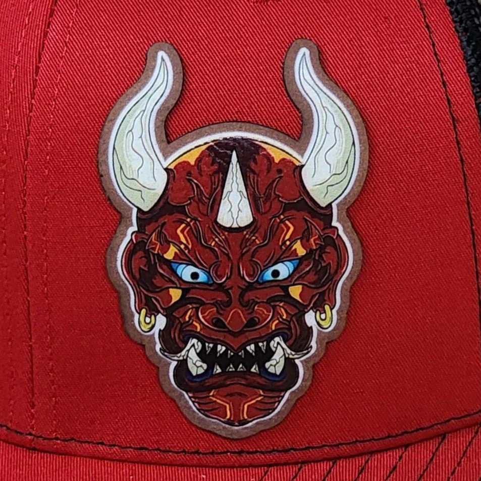 Fierce Demon Face Design UV Printed Leatherette Hat Patch - MR01