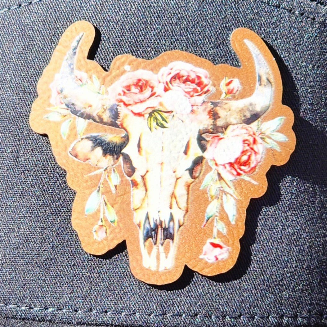 Floral Skull Art UV Printed Leatherette Hat Patch - MR01