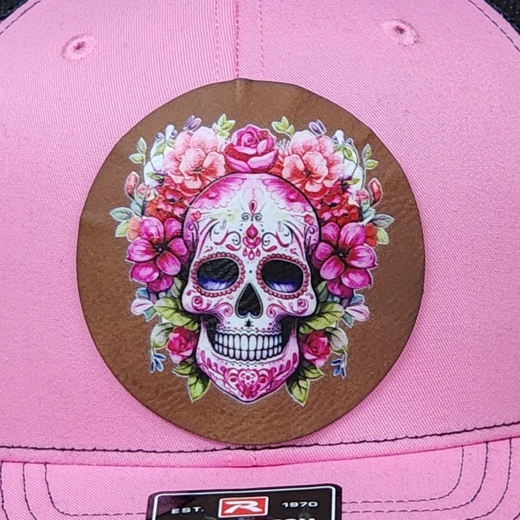 Floral Sugar Skull Art UV Printed Leatherette Hat Patch - MR01