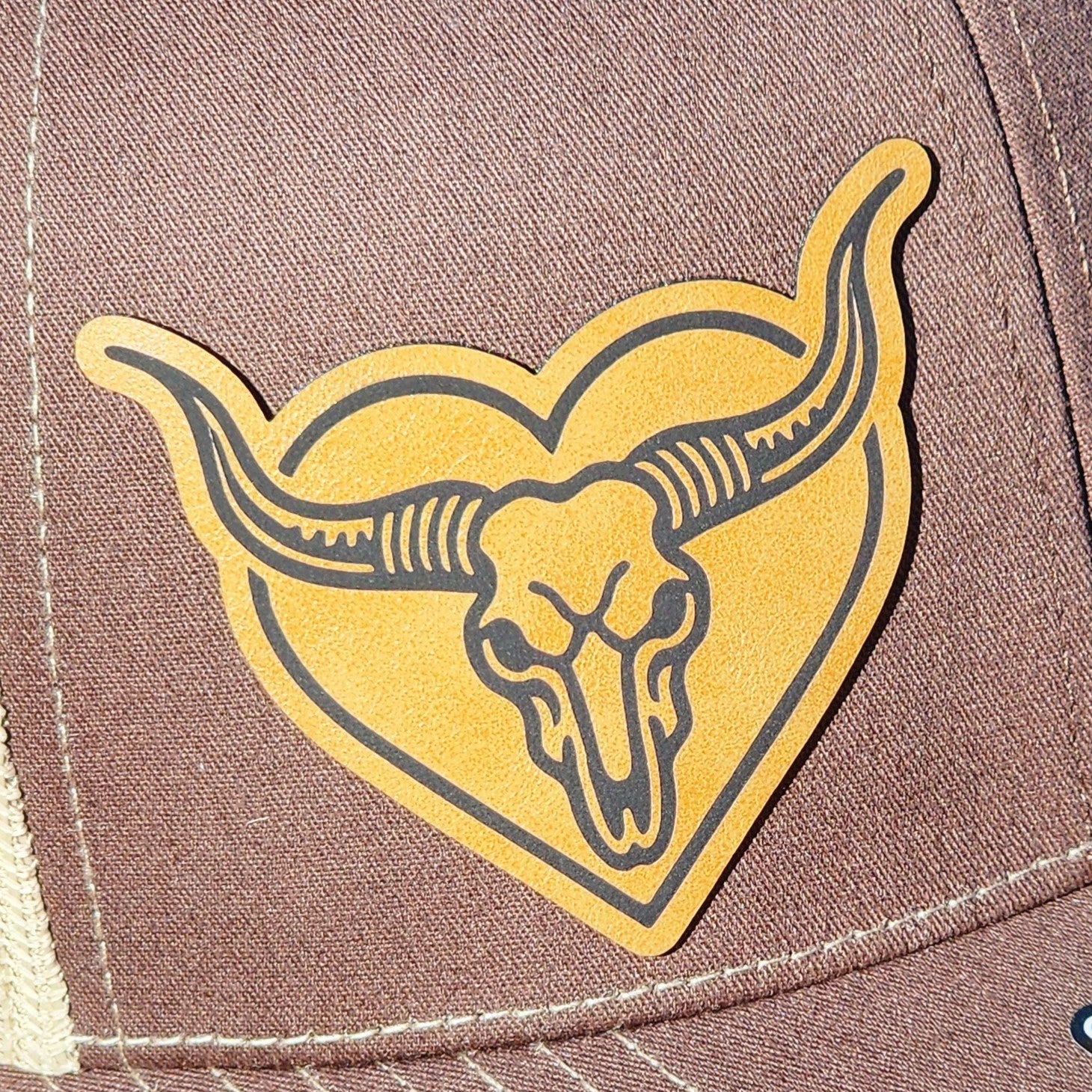 Heart-Shaped Bull Skull Engraved Leatherette Hat Patch - MR01 - Image 2