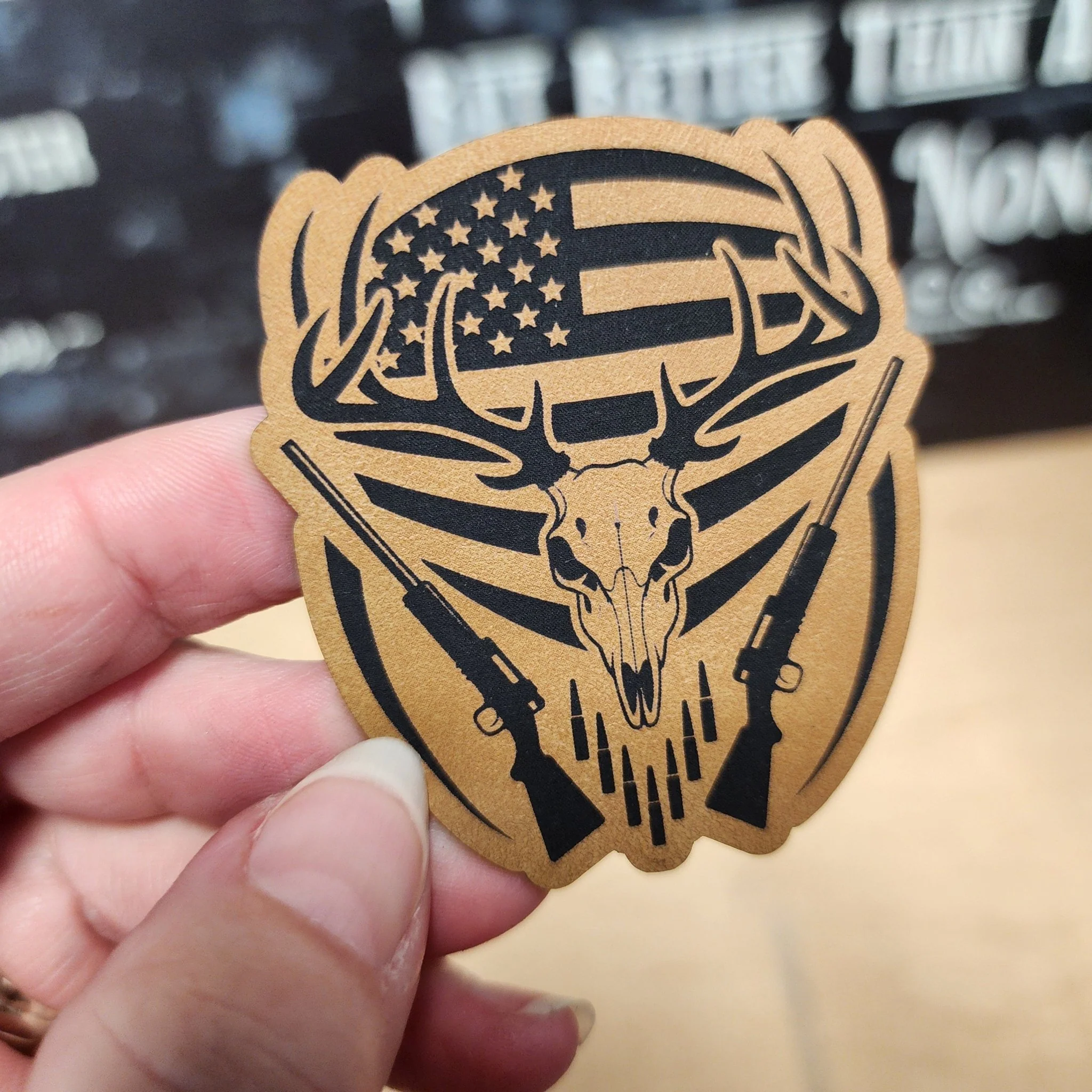 Hunting Skull with American Flag (Saddle Tan) Engraved Leatherette Hat Patch - MR01