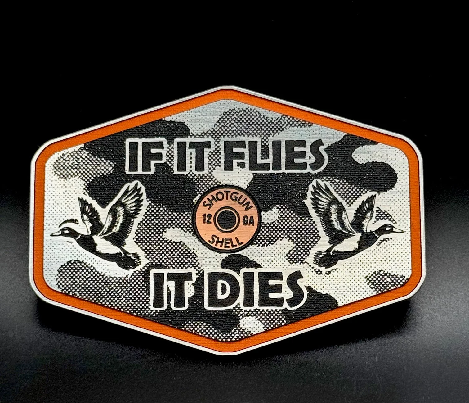 If It Flies Acrylic Hat Patch Linen Camo Design with Copper Acrylic Insert - 2 Pieces - 4 Colors Available - Image 2