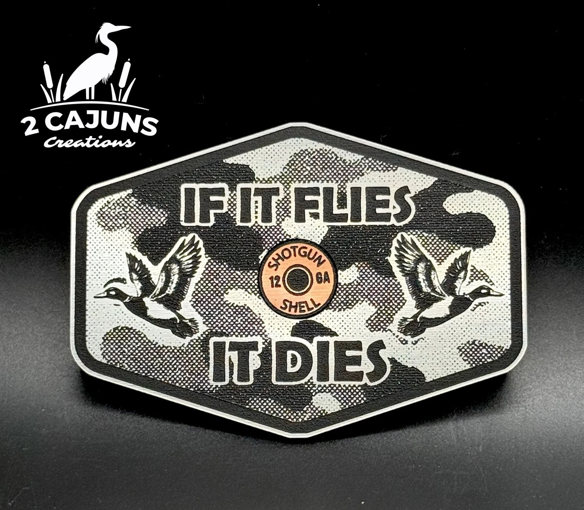 If It Flies Acrylic Hat Patch Linen Camo Design with Copper Acrylic Insert - 2 Pieces - 4 Colors Available - Image 4