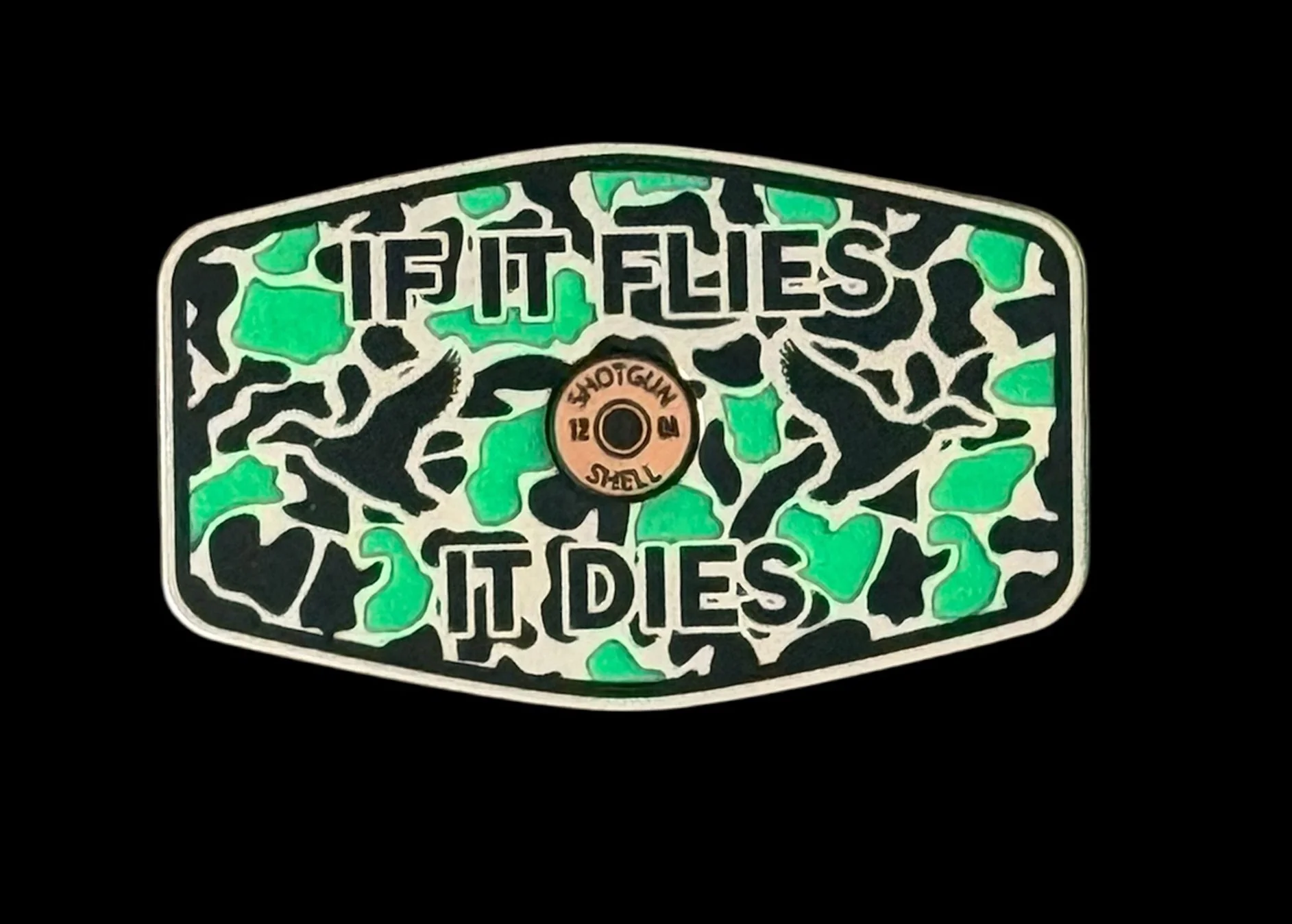 If It Flies It Dies Acrylic Hat Patch with Copper Shell - 2 Pieces - 3 Colors Available - Image 3
