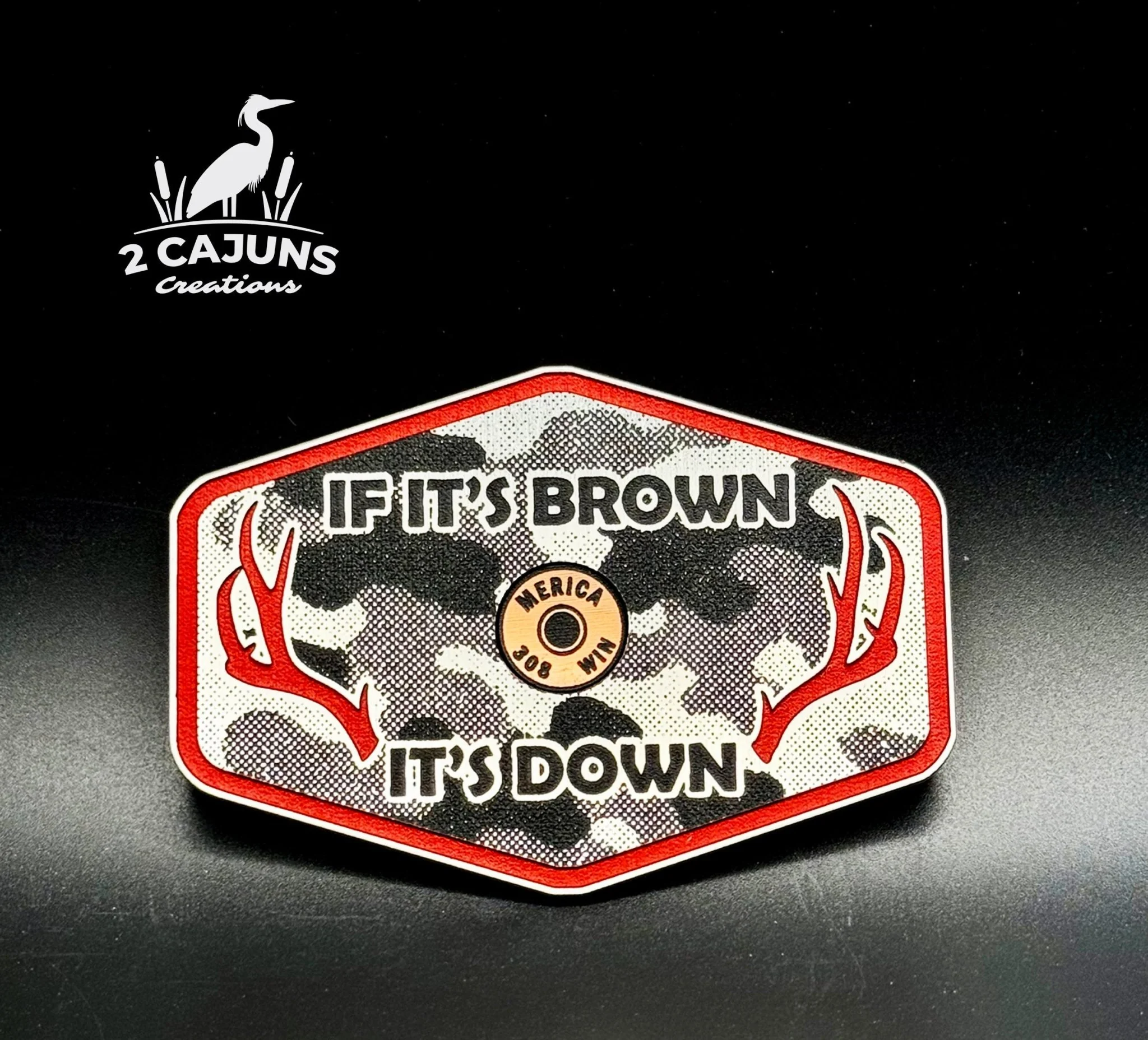 If It's Brown It's Down Acrylic Linen Camo Design Hat Patch with Copper Acrylic Insert Merica Edition - 2 Pieces - 4 Colors Available