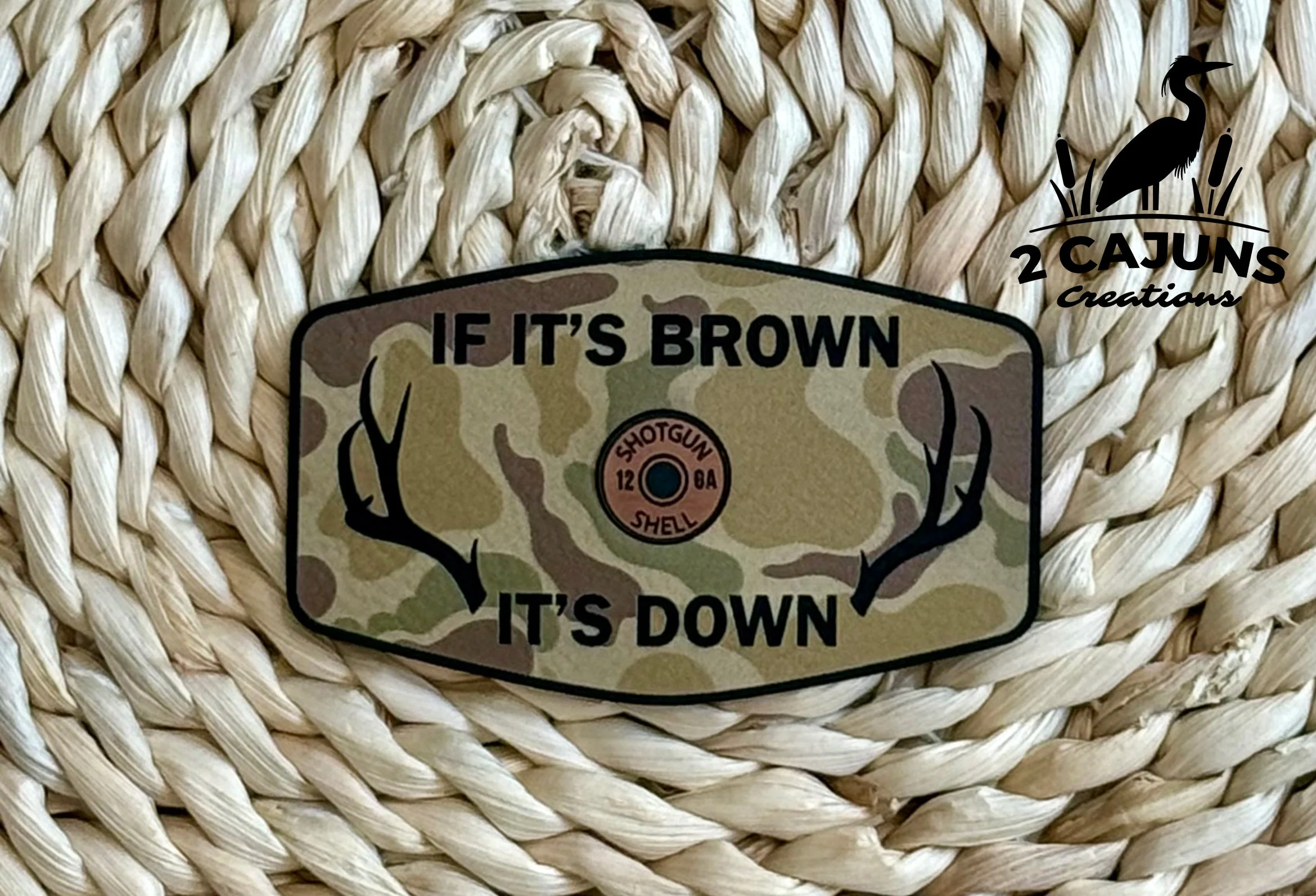 If It's Brown It's Down Leatherette Hat Patch with Copper Acrylic Shell Insert - 3 Colors Available - Image 2
