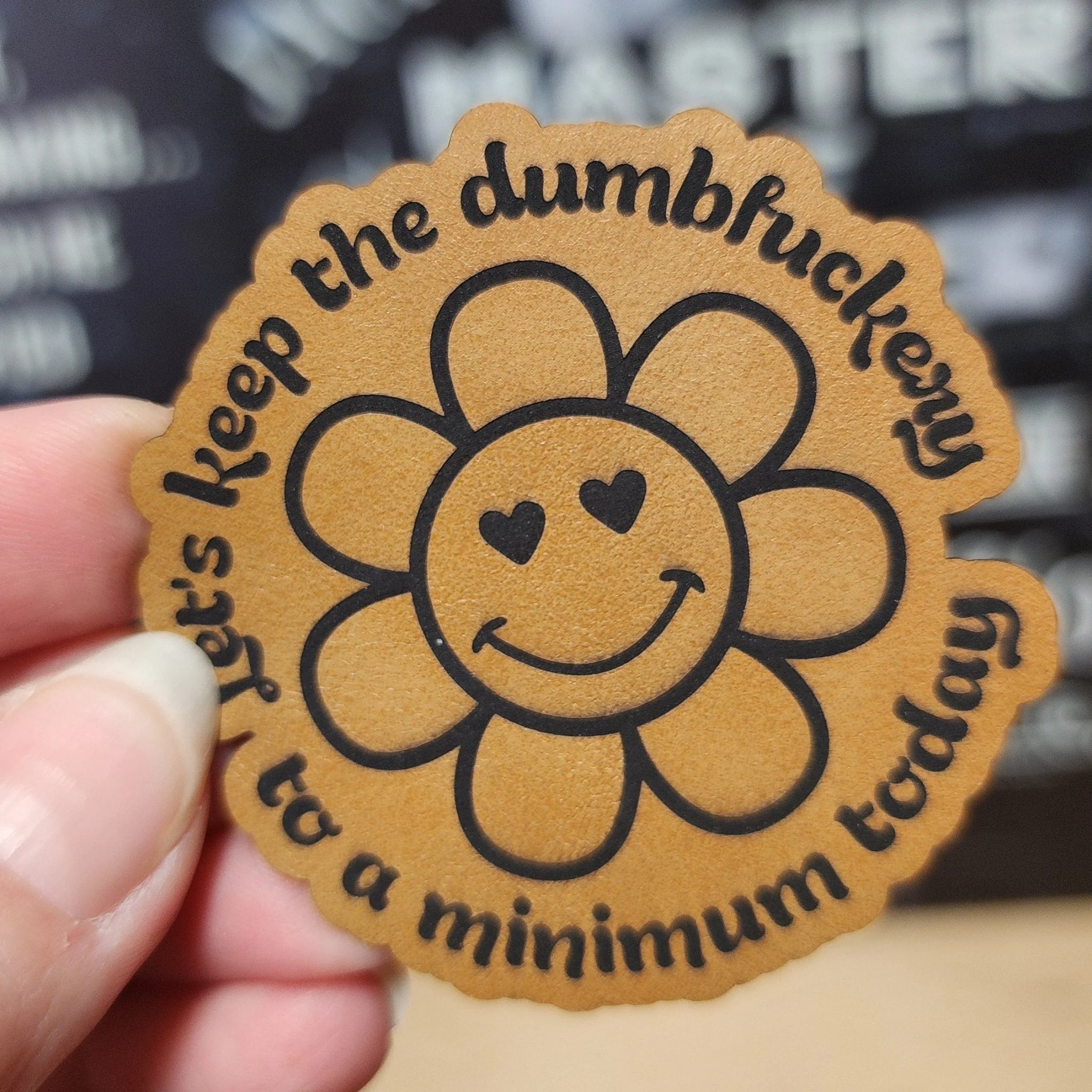 Keep It to a Minimum Flower (Saddle Tan) Engraved Leatherette Hat Patch - MR01