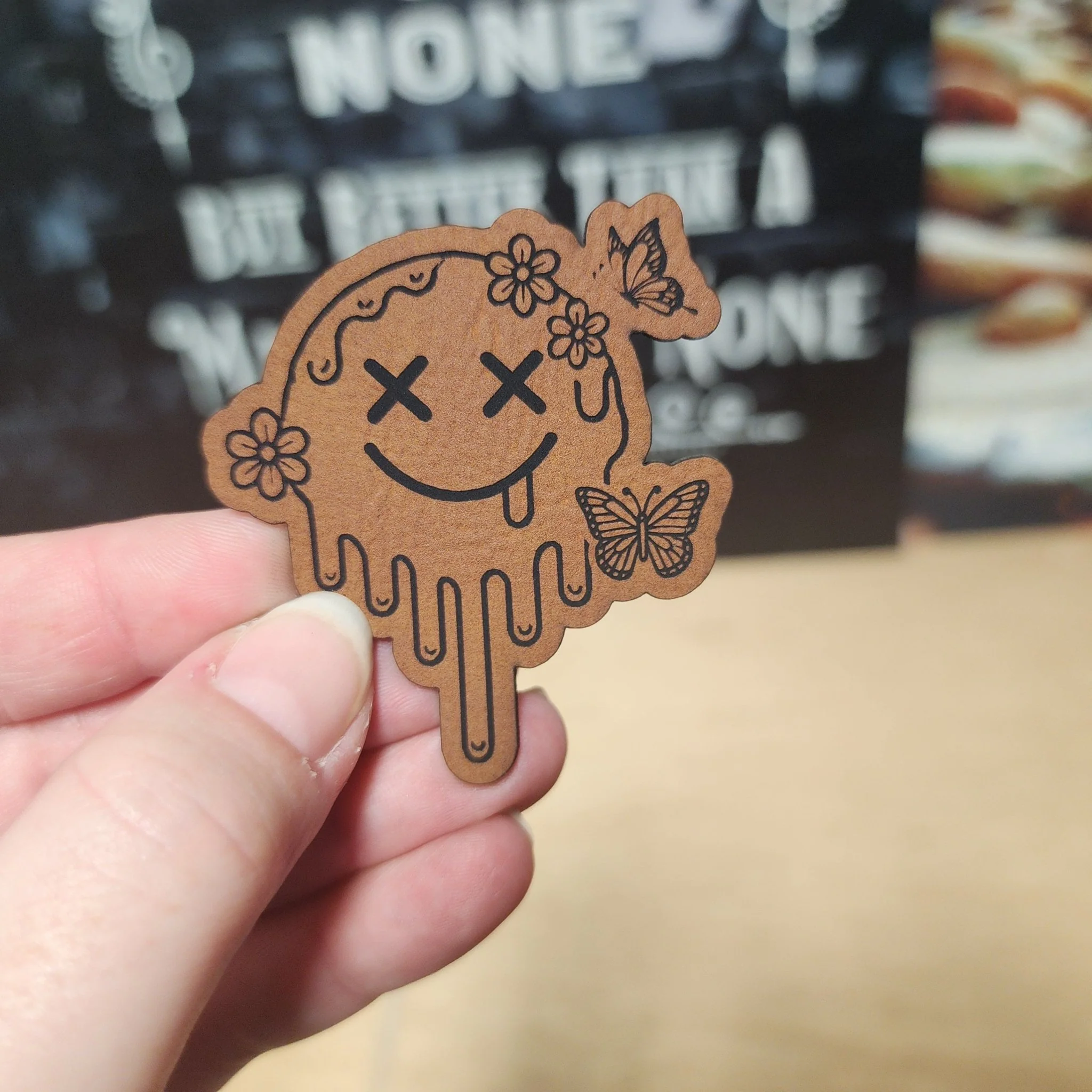 Melting Smiley (Rawhide) Engraved Leatherette Hat Patch - MR01