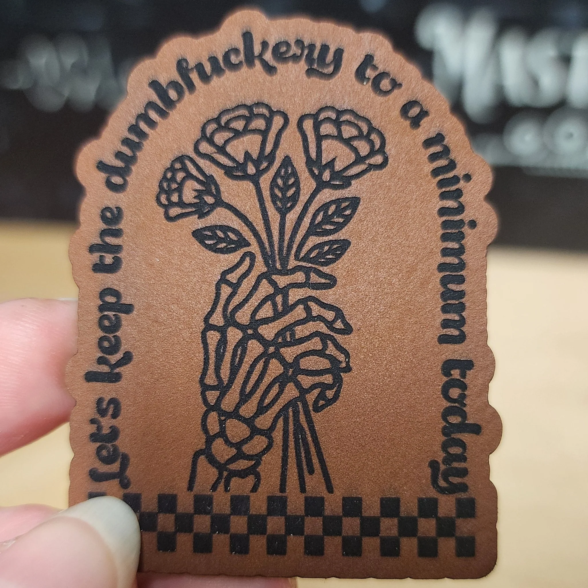 Minimize the Dumbfuckery (Rawhide) Engraved Leatherette Hat Patch - MR01