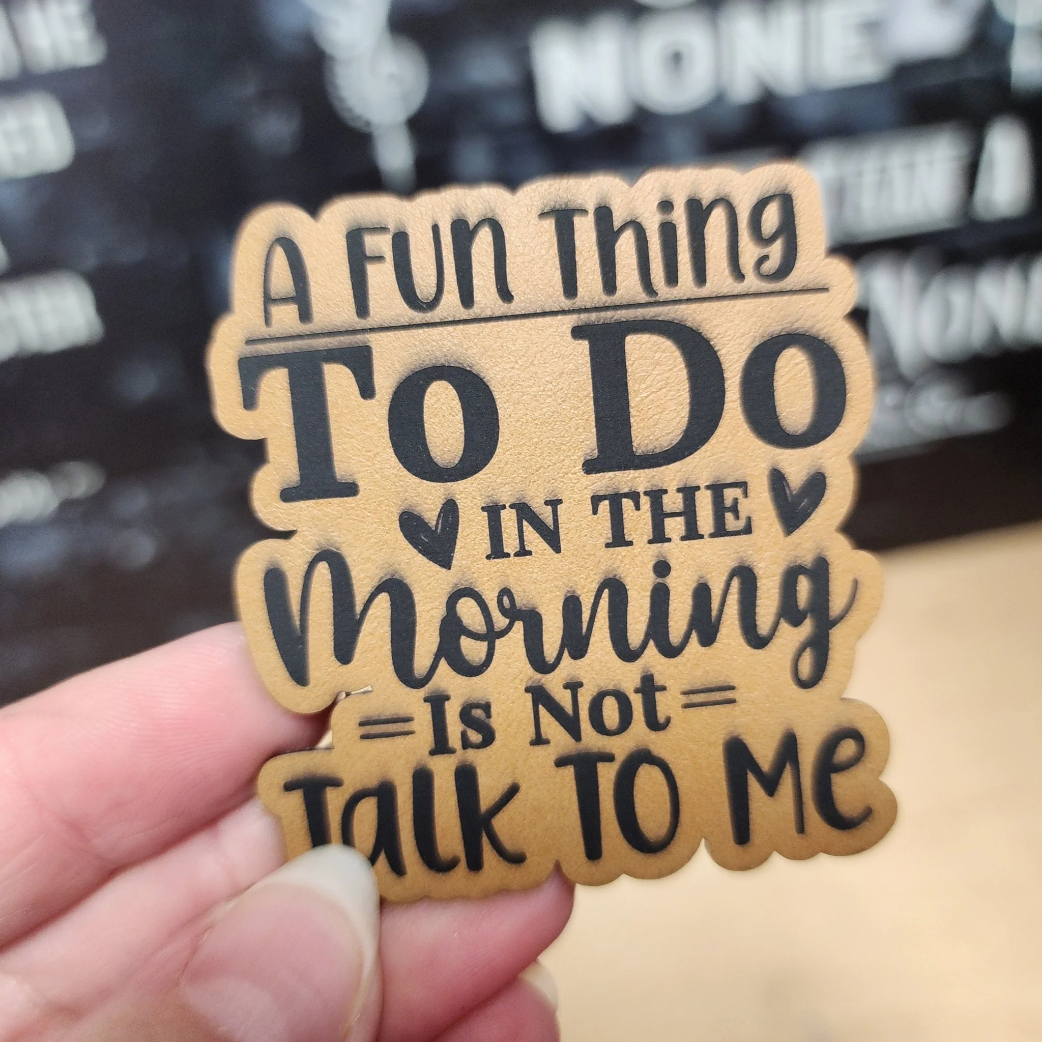 Morning No Talking (Saddle Tan) Engraved Leatherette Hat Patch - MR01