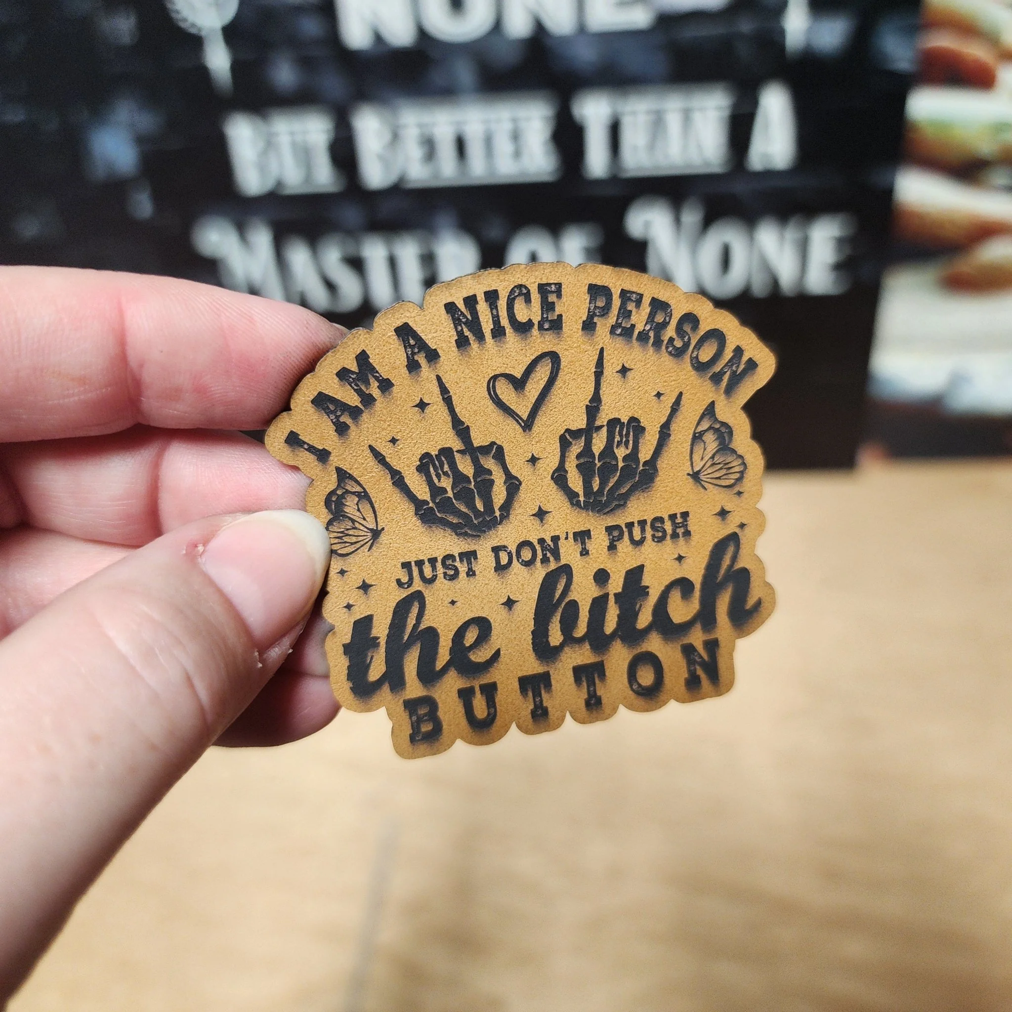 Nice Person, Don't Push Button (Saddle Tan) Engraved Leatherette Hat Patch - MR01
