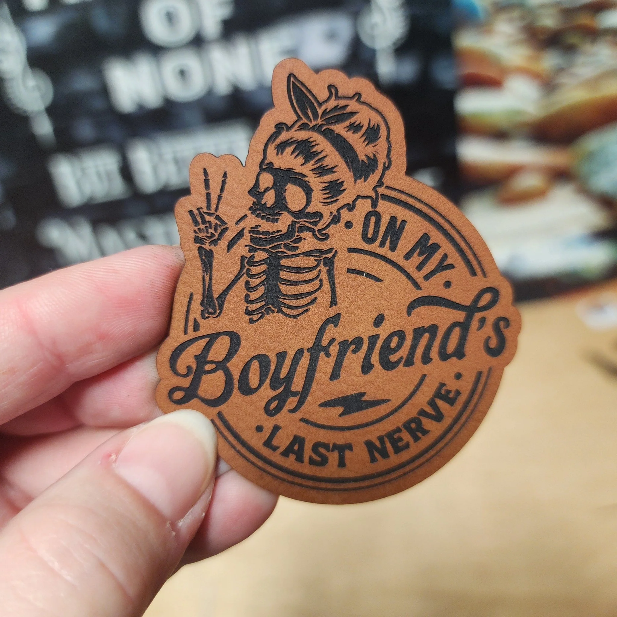 On Boyfriend's Nerve (Rawhide) Engraved Leatherette Hat Patch - MR01