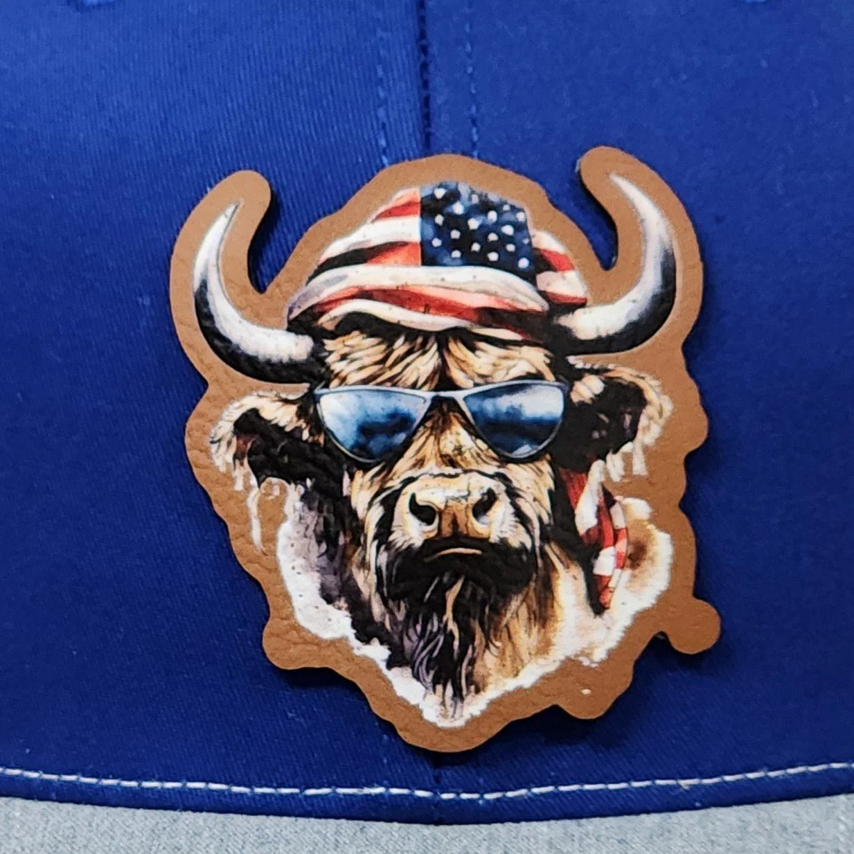 Patriotic Bison in Sunglasses UV Printed Leatherette Hat Patch - MR01