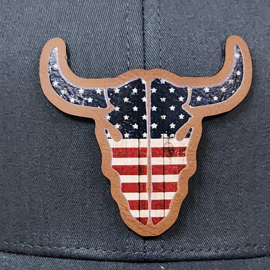 Patriotic Bull Skull Design UV Printed Leatherette Hat Patch - MR01