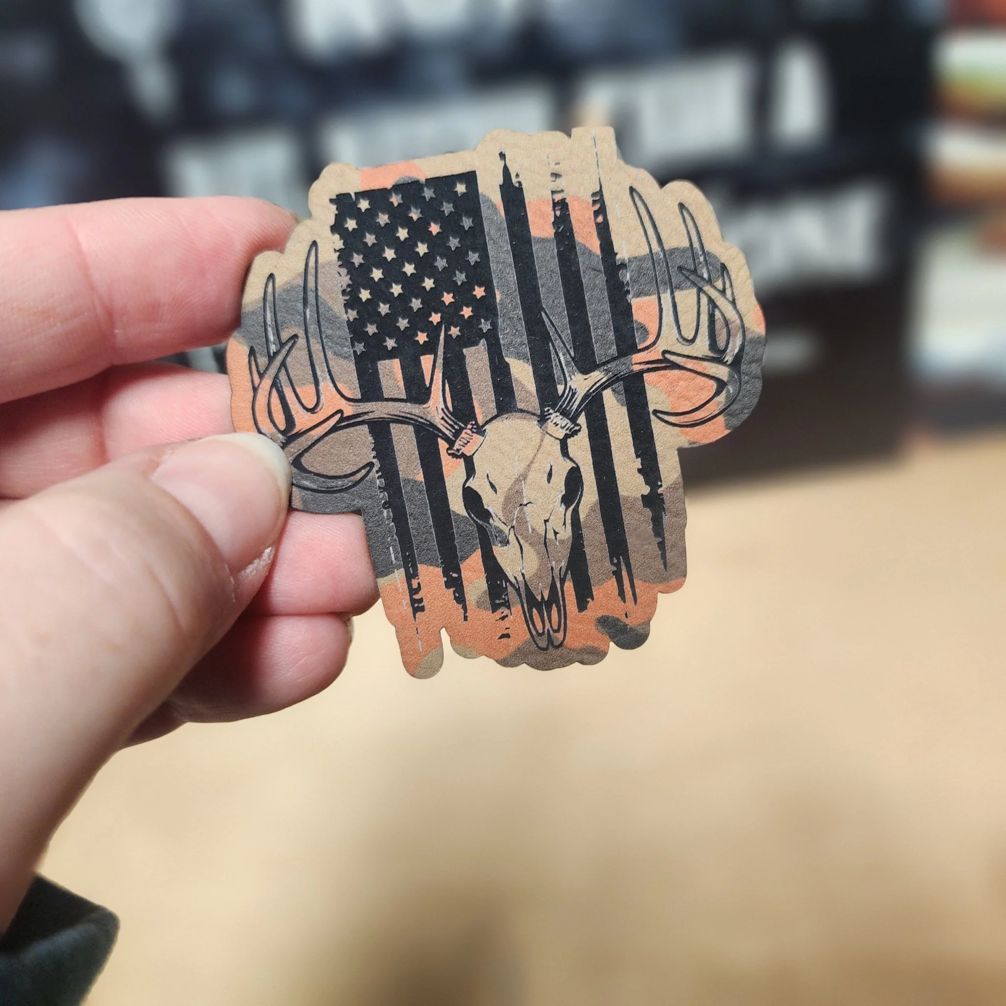 Patriotic Deer Skull (Orange Camo) Engraved Leatherette Hat Patch - MR01