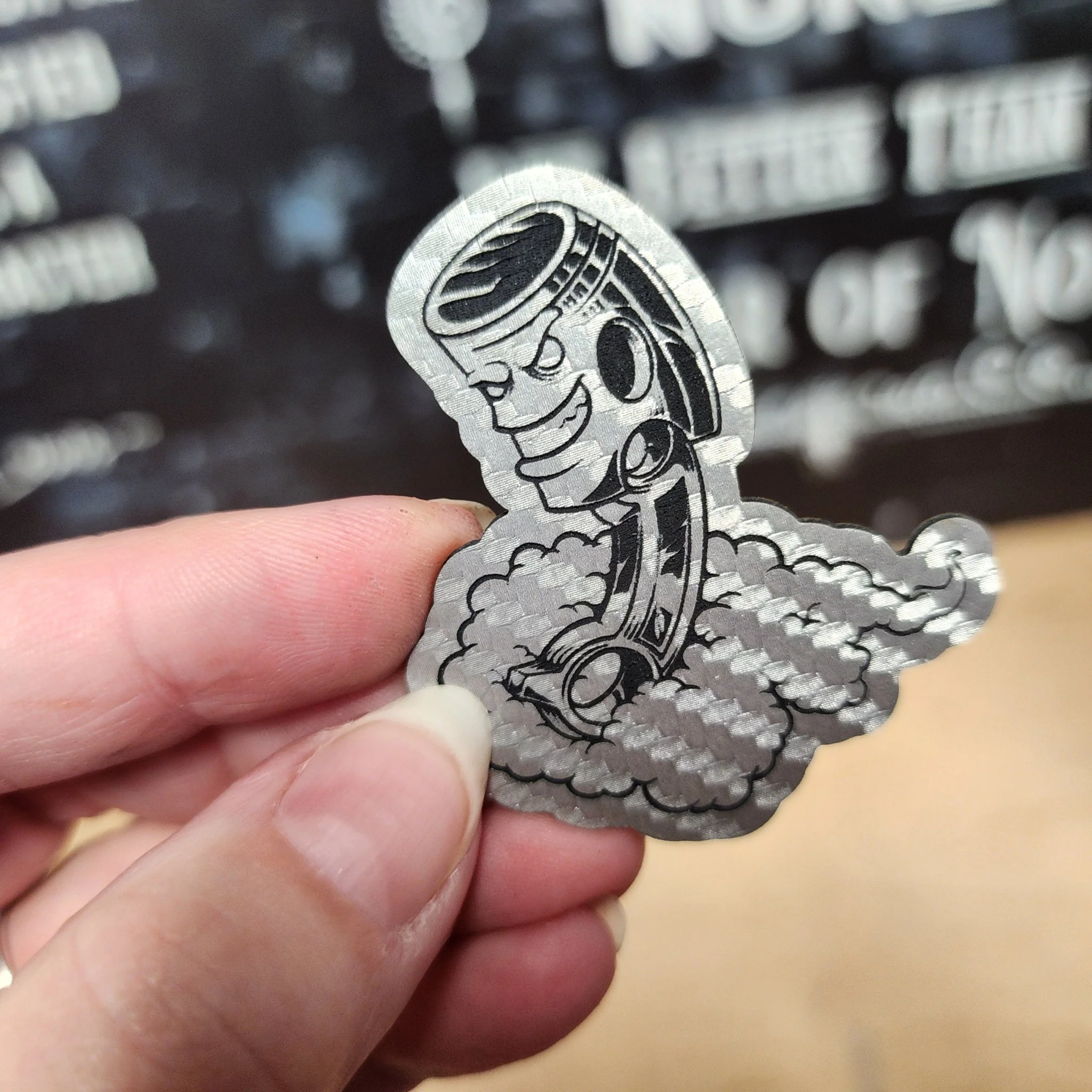 Piston Carbon Fiber Engraved Leatherette Hat Patch - MR01
