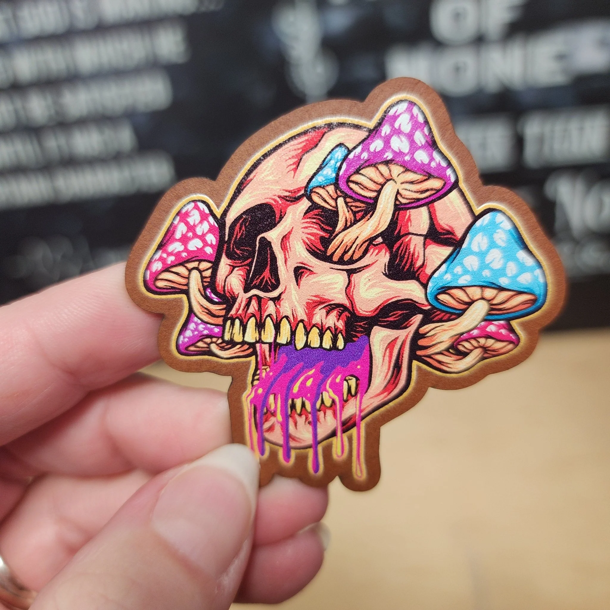 Psychedelic Skull with Mushrooms UV Printed Leatherette Hat Patch - MR01