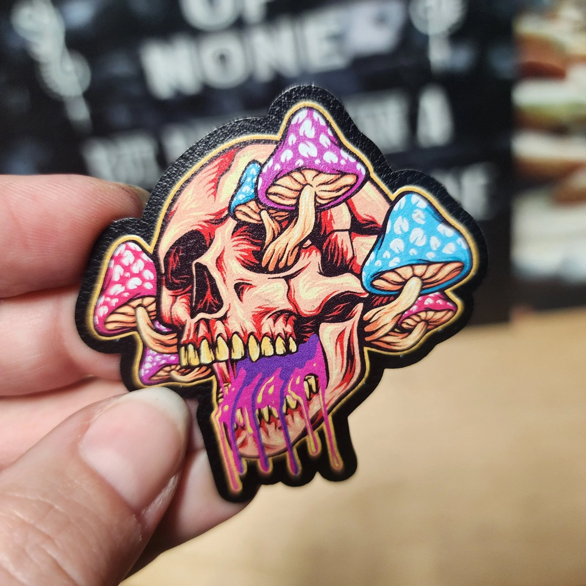 Psychedelic Skull with Mushrooms UV Printed Leatherette Hat Patch - MR01 - Image 2