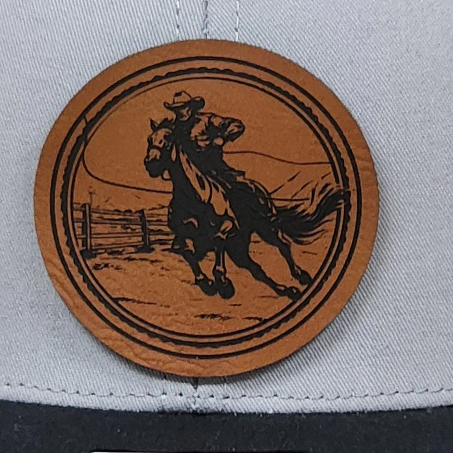 Rodeo Cowboy Riding Horse Engraved Leatherette Hat Patch - MR01