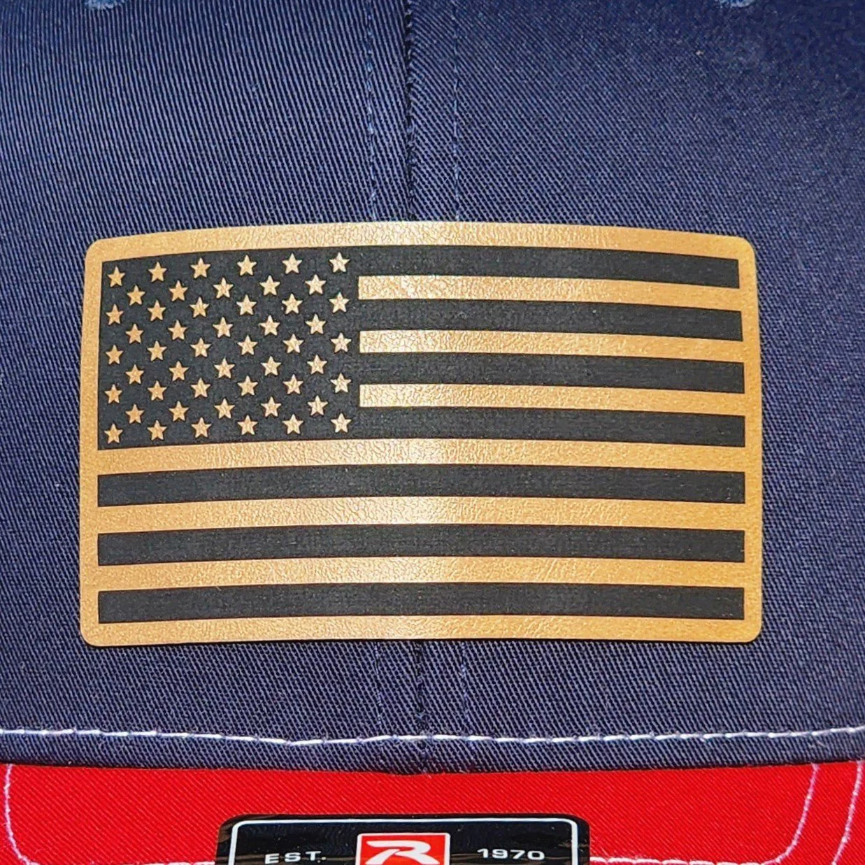 Saddle Tan American Flag Engraved Leatherette Hat Patch - MR01