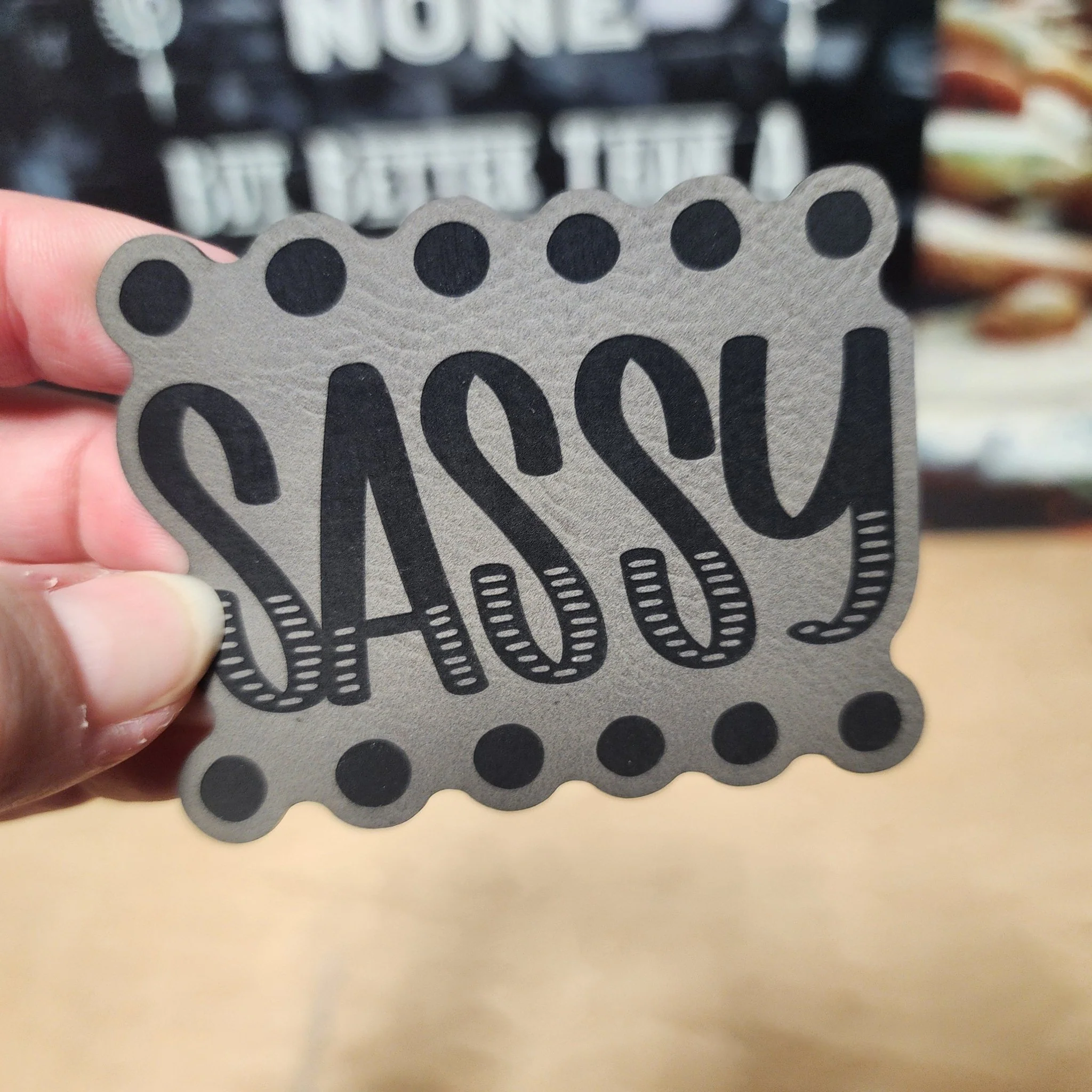 Sassy (Grey) Engraved Leatherette Hat Patch - MR01