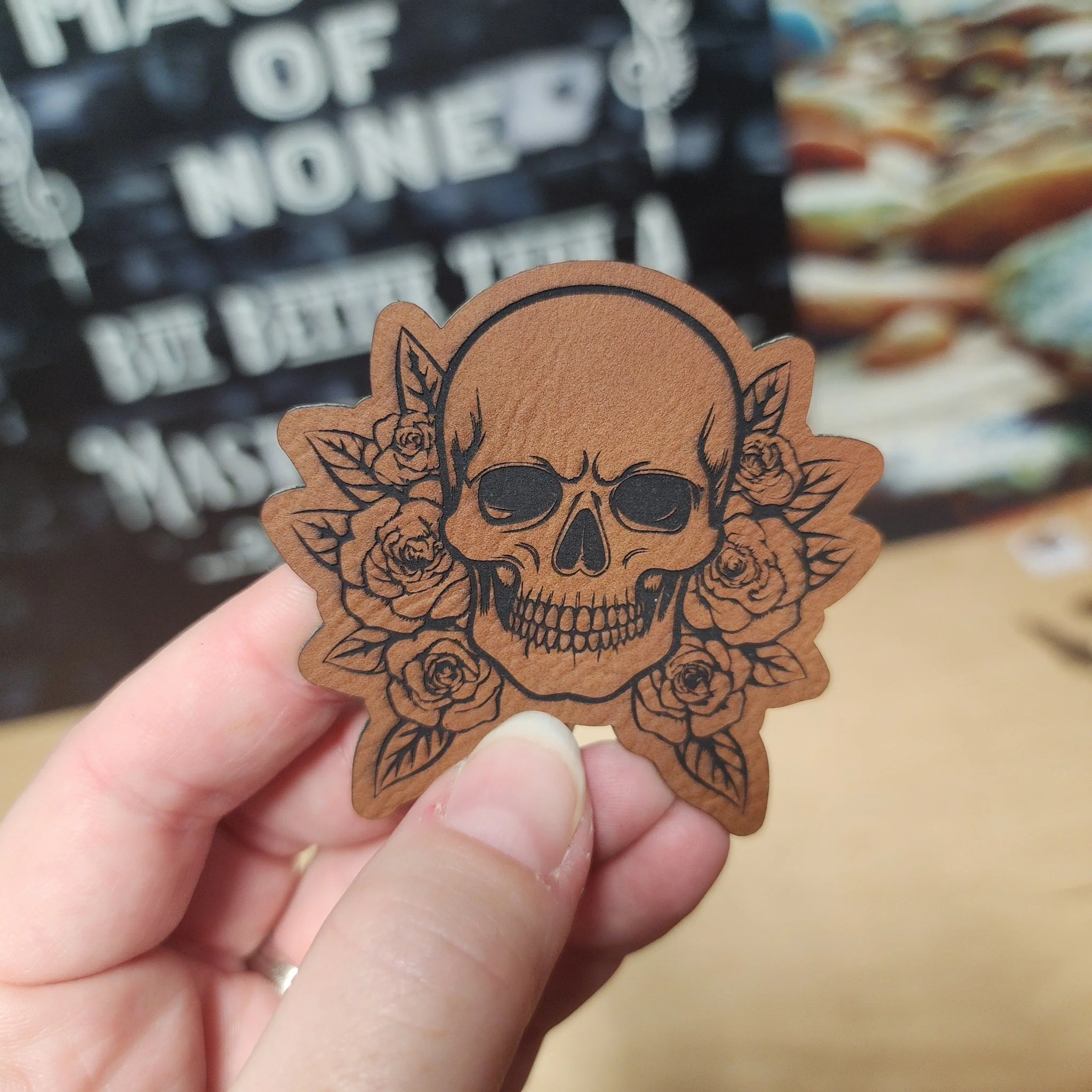 Skull with Roses Engraved Leatherette Hat Patch - MR01