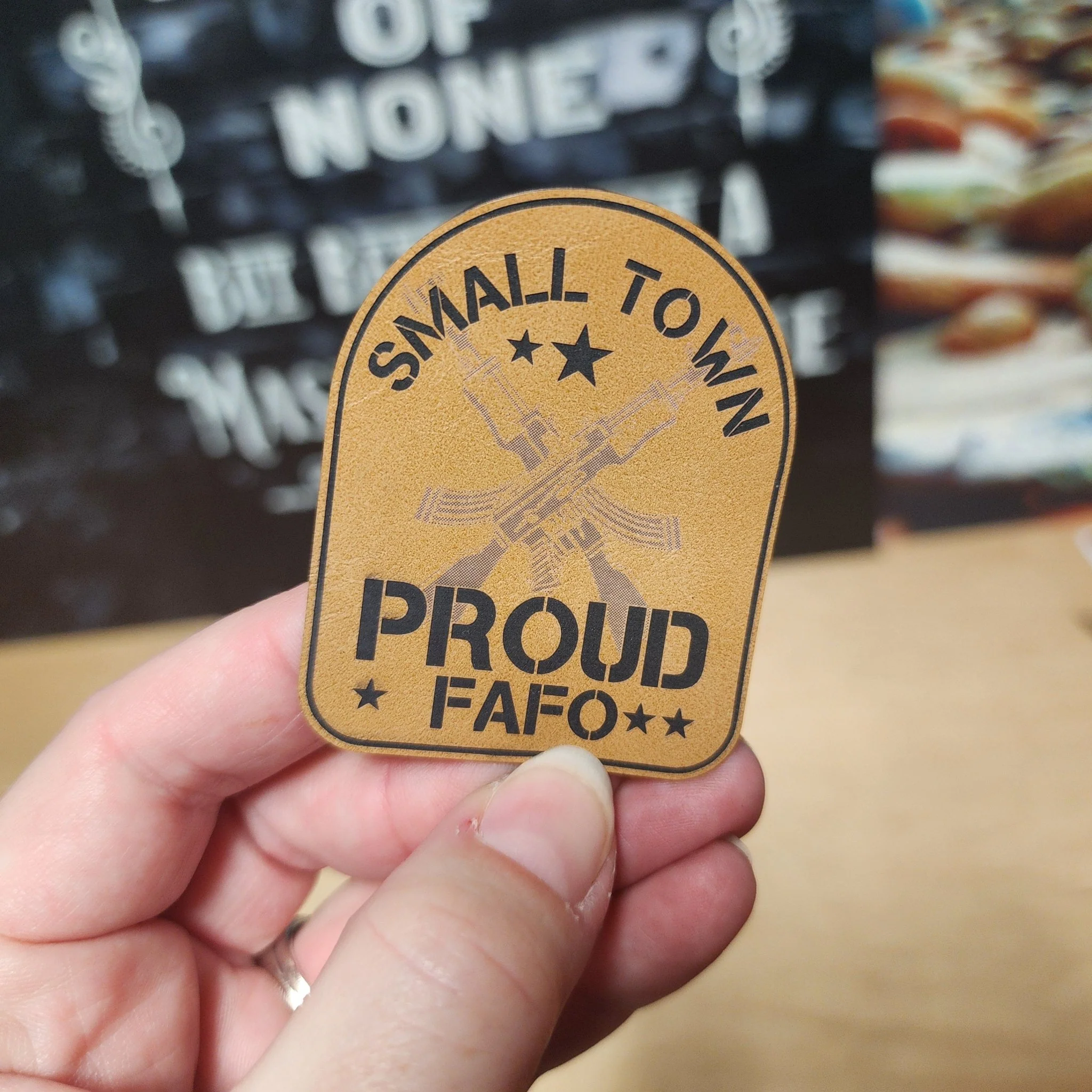 Small Town Proud, FAFO (Saddle Tan) Engraved Leatherette Hat Patch - MR01