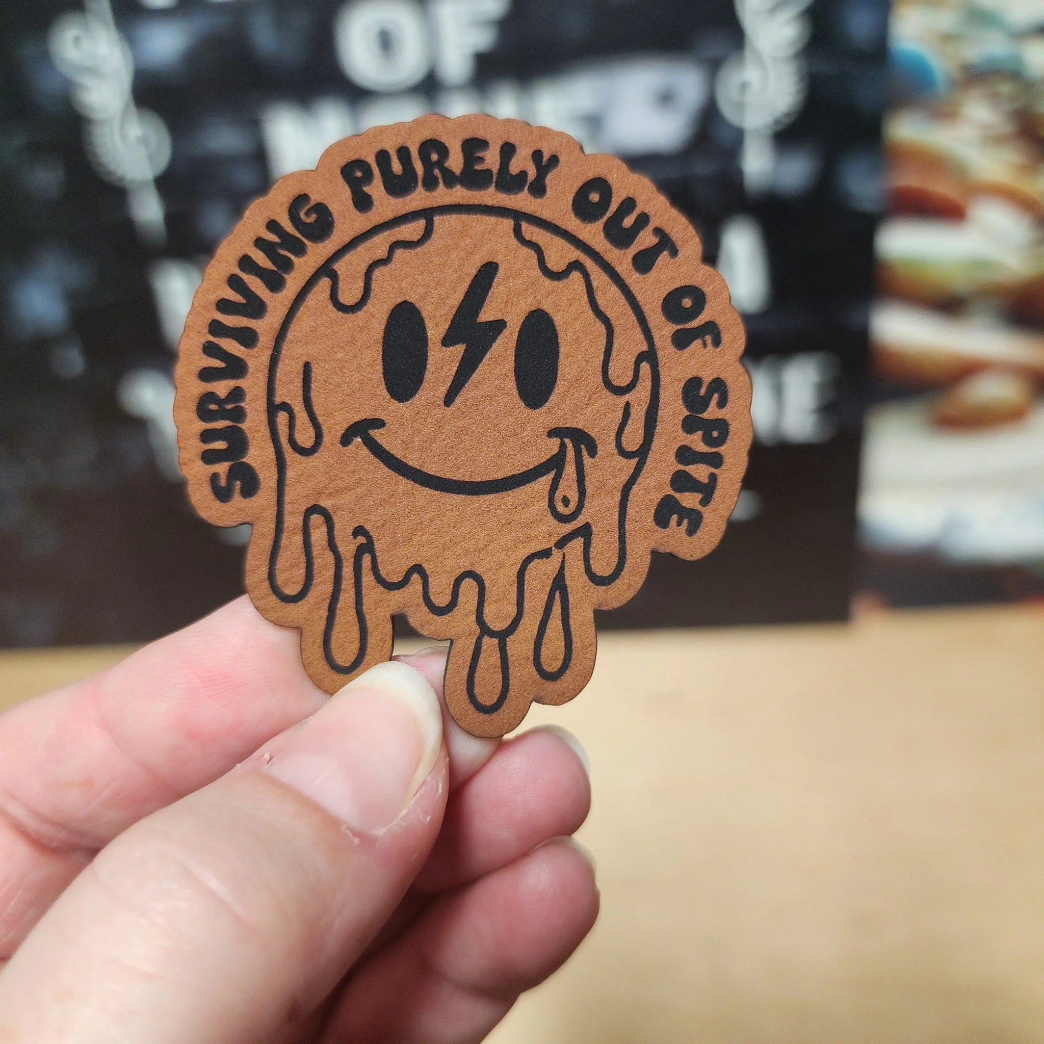 Surviving with a Smile (Rawhide) Engraved Leatherette Hat Patch - MR01