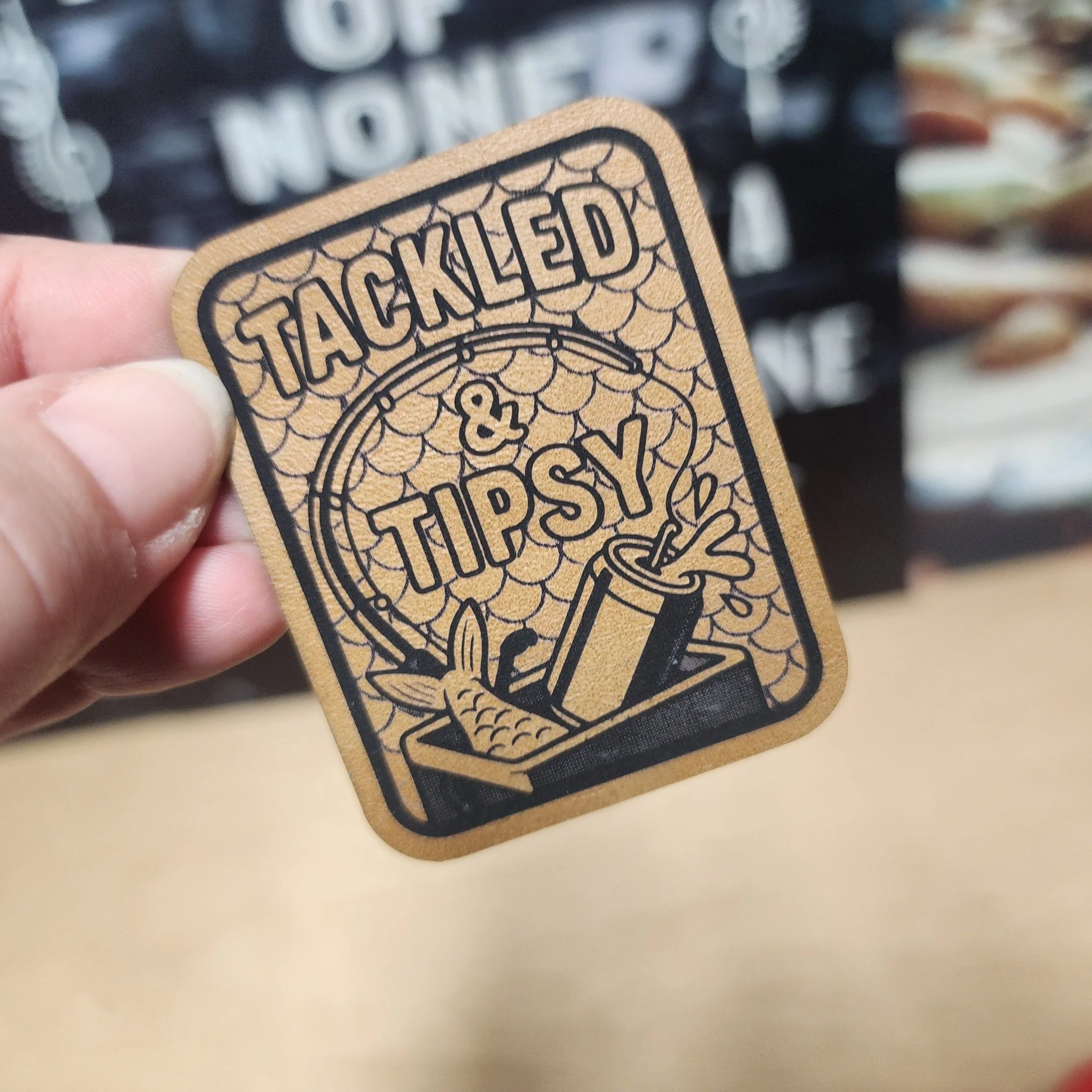 Tackled and Tipsy (Saddle Tan) Engraved Leatherette Hat Patch - MR01