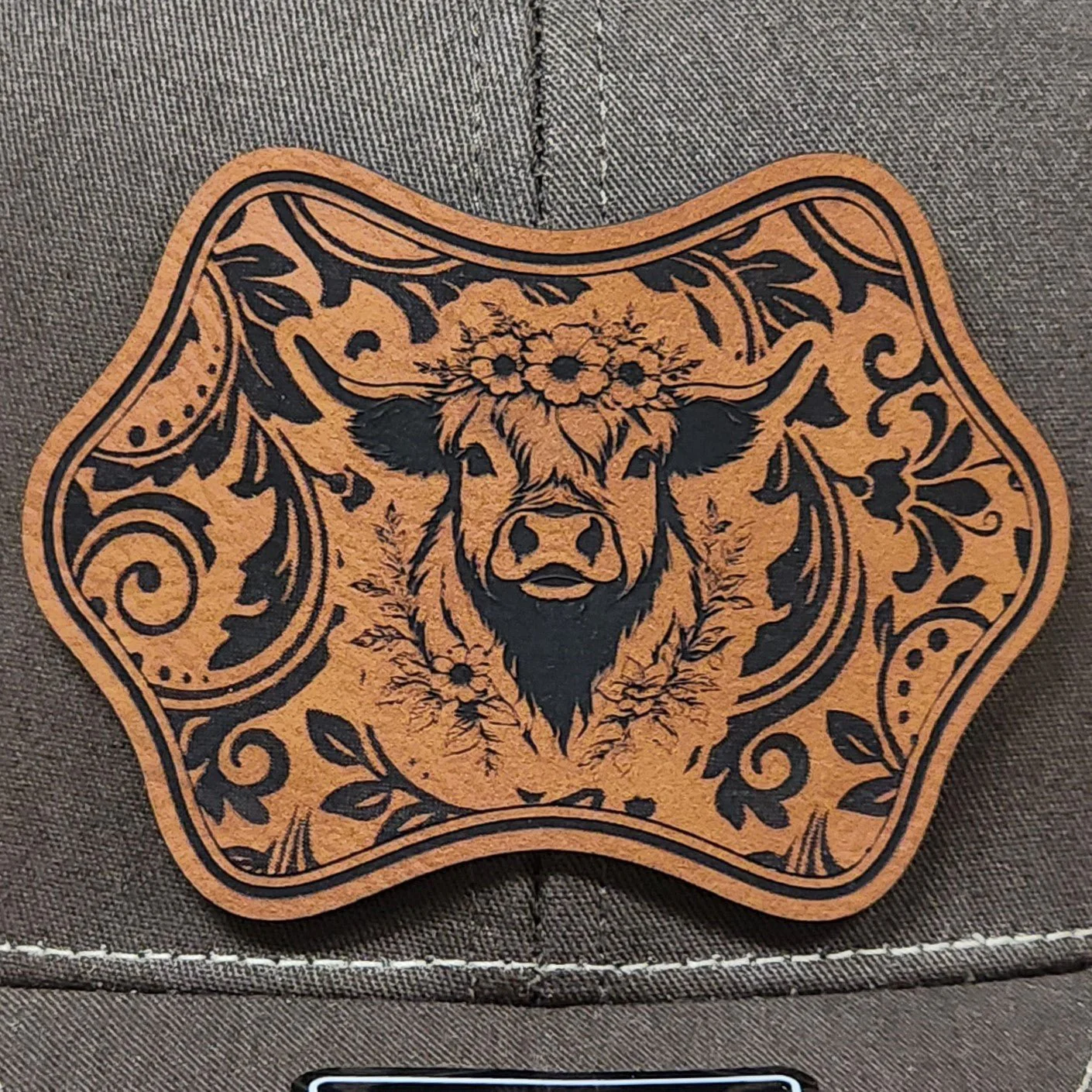 Tooled Floral Highland Cow Engraved Leatherette Hat Patch - MR01