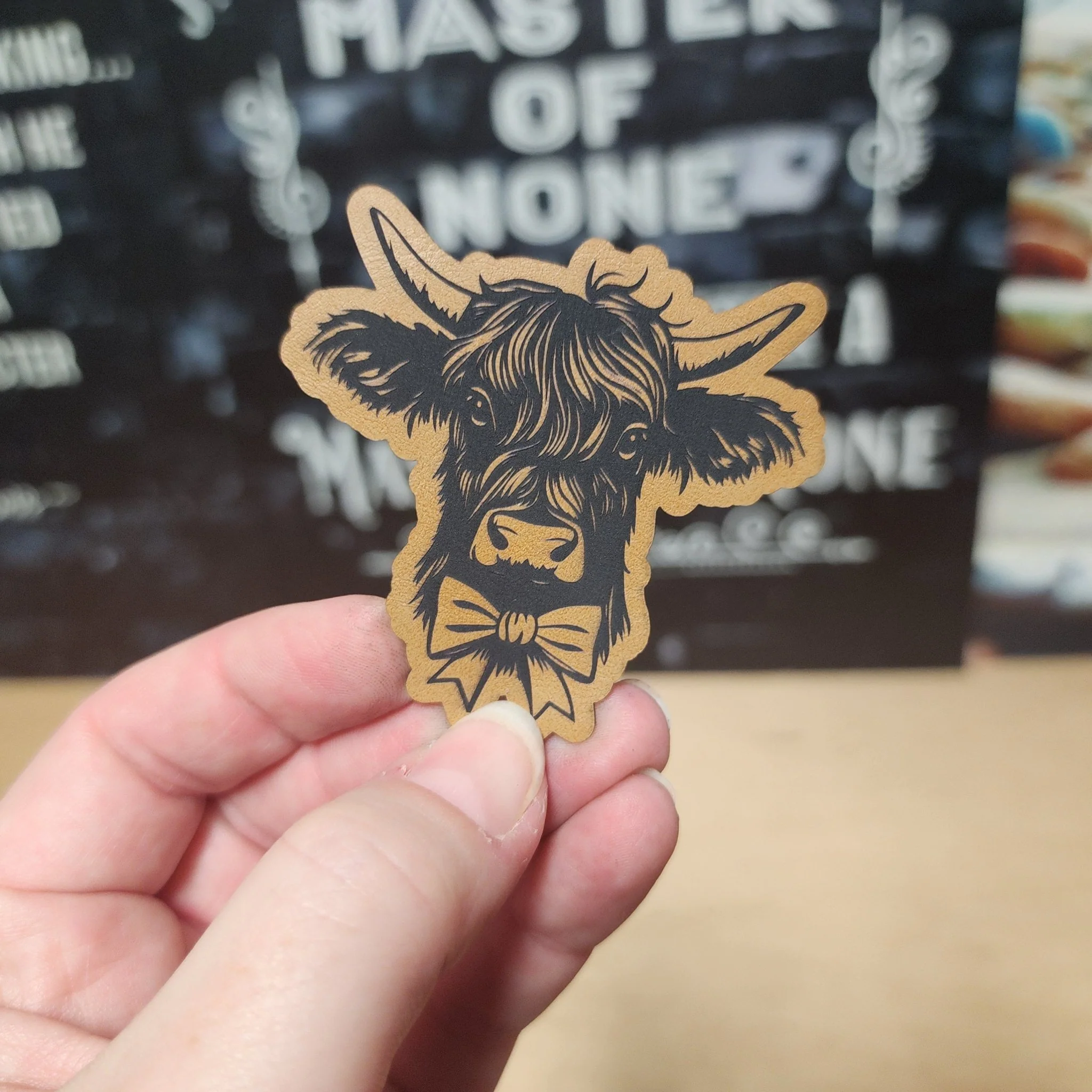 Whimsical Cow with Bowtie (Saddle Tan) Engraved Leatherette Hat Patch - MR01