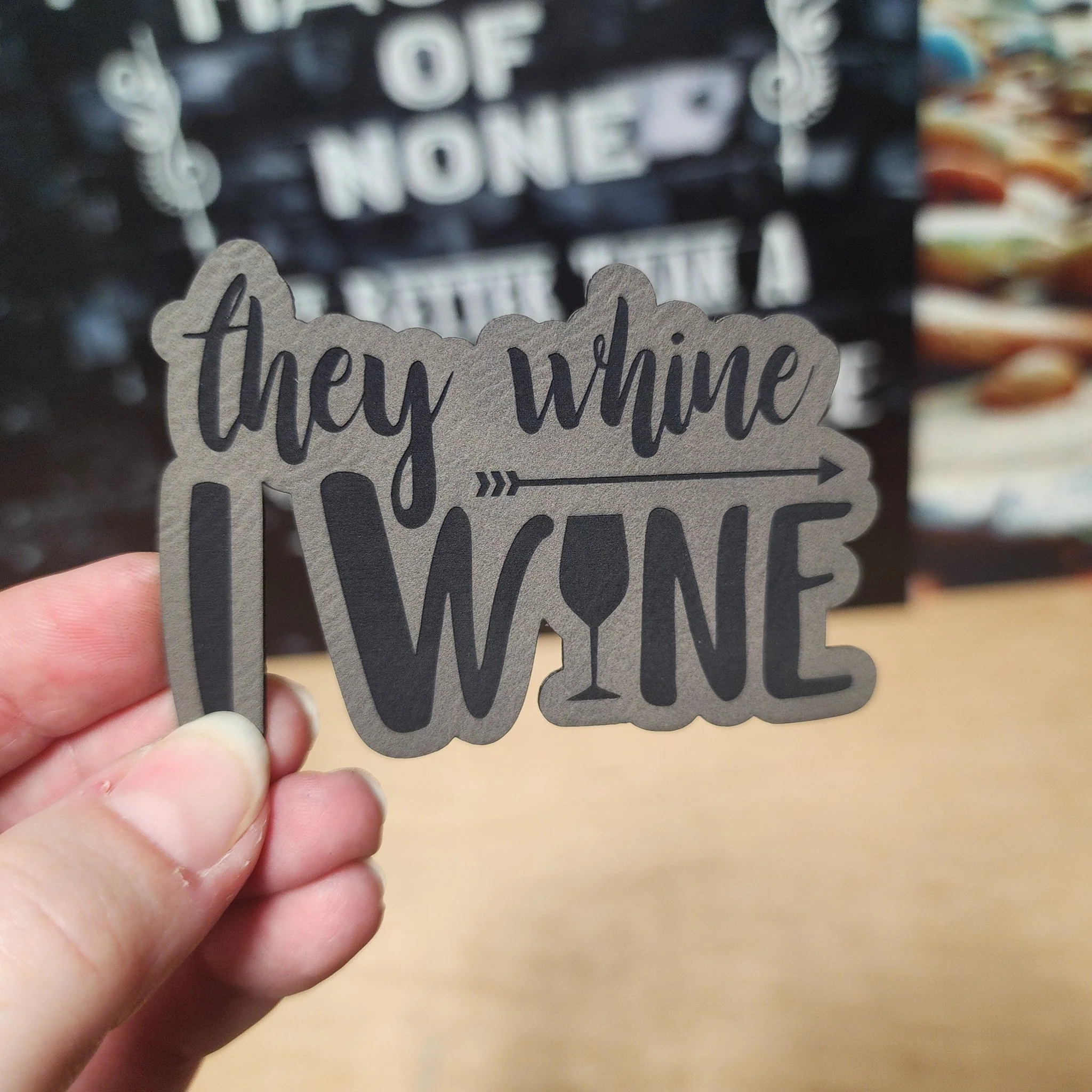 Whine and Wine Humor (Grey) Engraved Leatherette Hat Patch - MR01