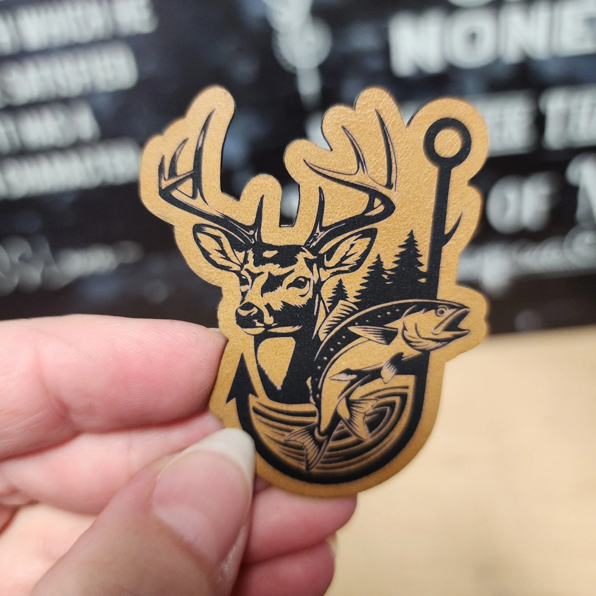 Wildlife Adventure: Deer and Fish (Saddle Tan) Engraved Leatherette Hat Patch - MR01
